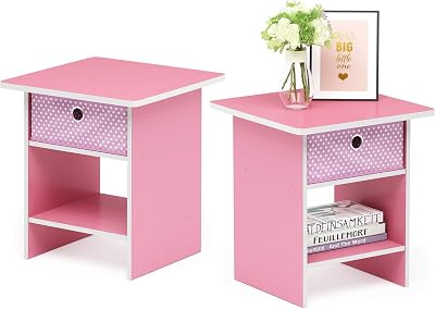 Furinno Dario Side Table Set of 2, End Table with Storage Bin, Round Corner Night Stand, Bedside Table with Open Back Shelf, for Living Room, Bedroom, Pink