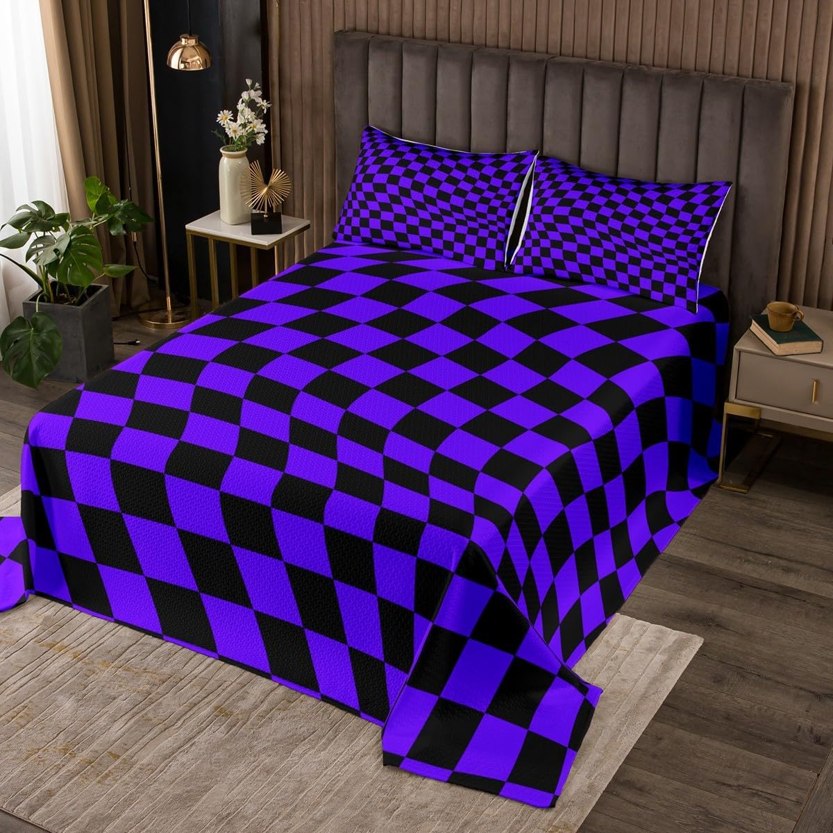 Castle Fairy Dark Navy Blue Plaid Bedspread Queen Size,Checkered Grid Quilt Sets 3Pcs for Kids Teens Youth Room Decor,Checkered Grid Bedding Sets Modern Down Comforter,2 Pillowcases