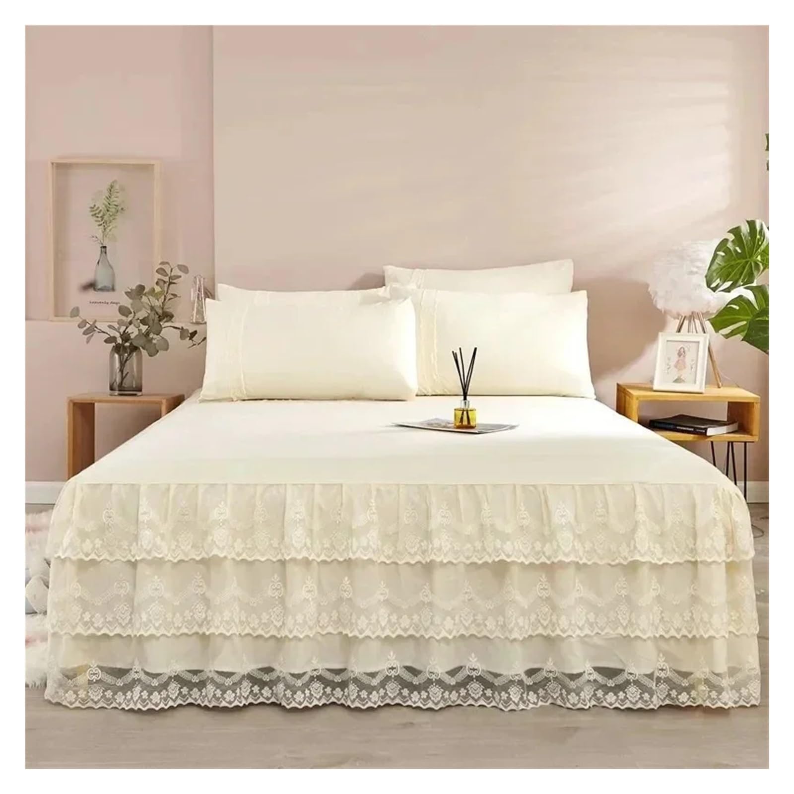 Falda de Cama de 3 Capas, Falda de Cama con Volantes de Encaje, Funda de Cama for Dormitorio, Falda de Cama, Funda de colchón Antideslizante, sábana, Colcha, 1 Unidad(Khaki,1pc 150cmx200cm)