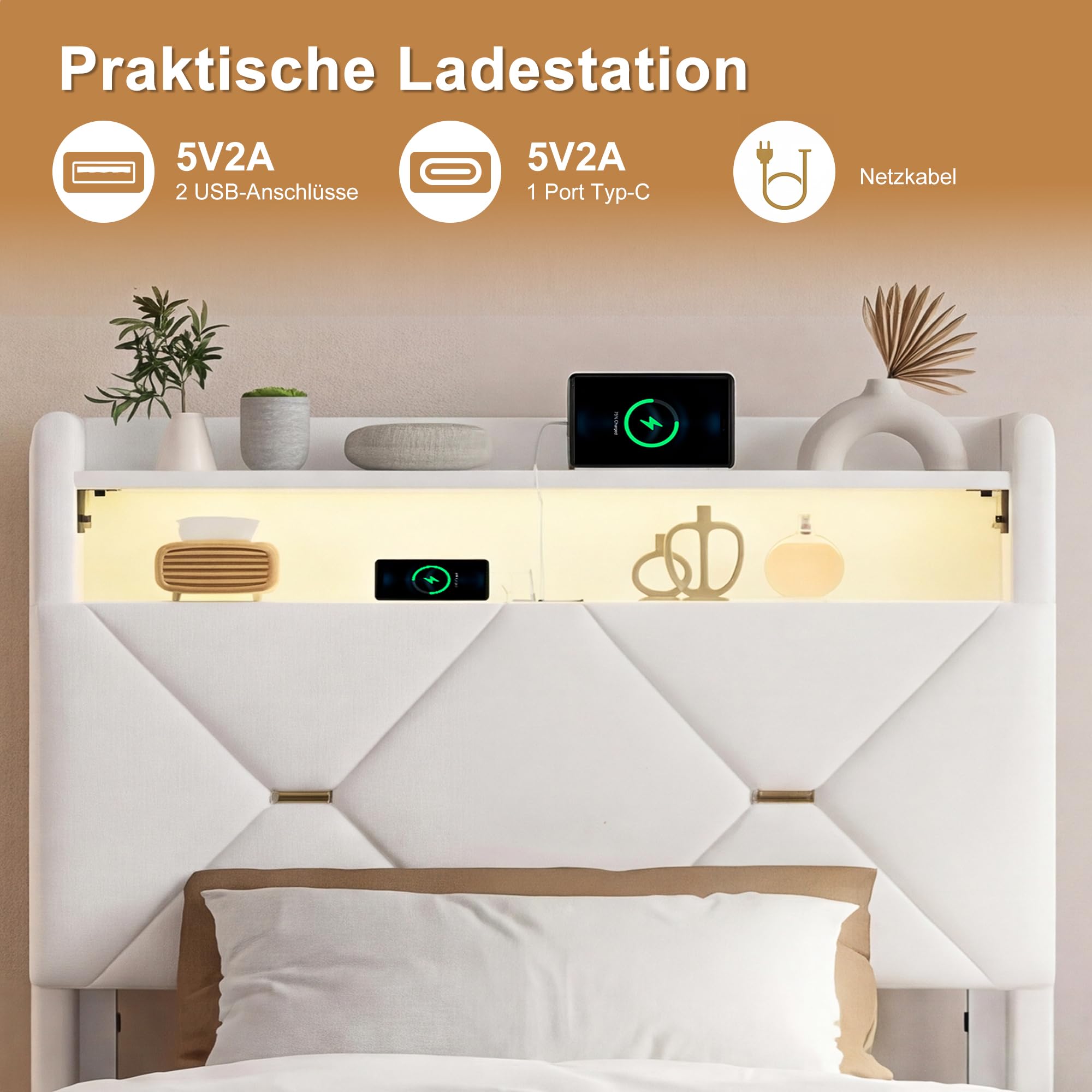 Łóżko bagażowe 90 x 200 z oświetleniem LED i USB, łóżka 1-osobowe z hydraulicznym schowkiem i wyściełanym zagłówkiem, łóżka pojedyncze 90 x 200 ze stelażem na rzepy, (bez materaca)