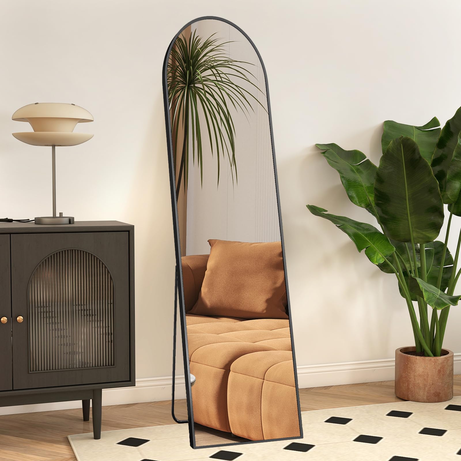 Sweetcrispy 59"x16" Arched Full Length Mirror, Standing or Leaning Full Body Mirror with Aluminum Alloy Thin Frame, Suitable for Bedroom or Cloakroom,Black