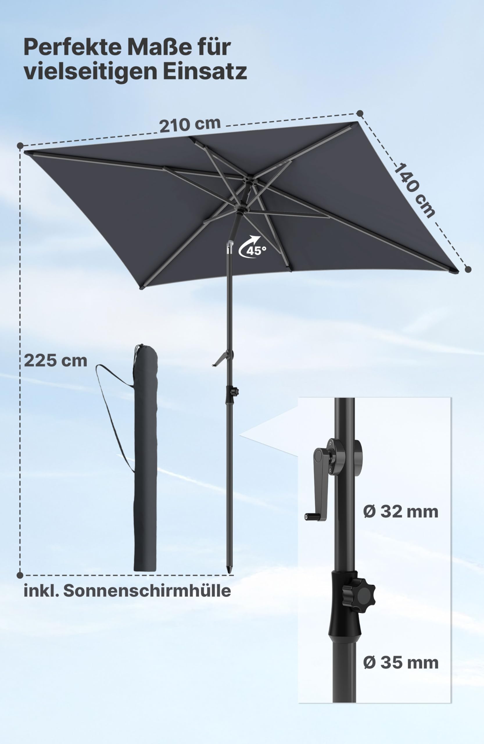 4smile SunnyShade Sonnenschirm Balkon Modern mit Kurbel, Sonnenschirm rechteckig 210x140 cm, Sonnenschutz Balkon mit UV 50+, Balkonschirm mit Schutzhülle, knickbar und höhenverstellbar, Beige