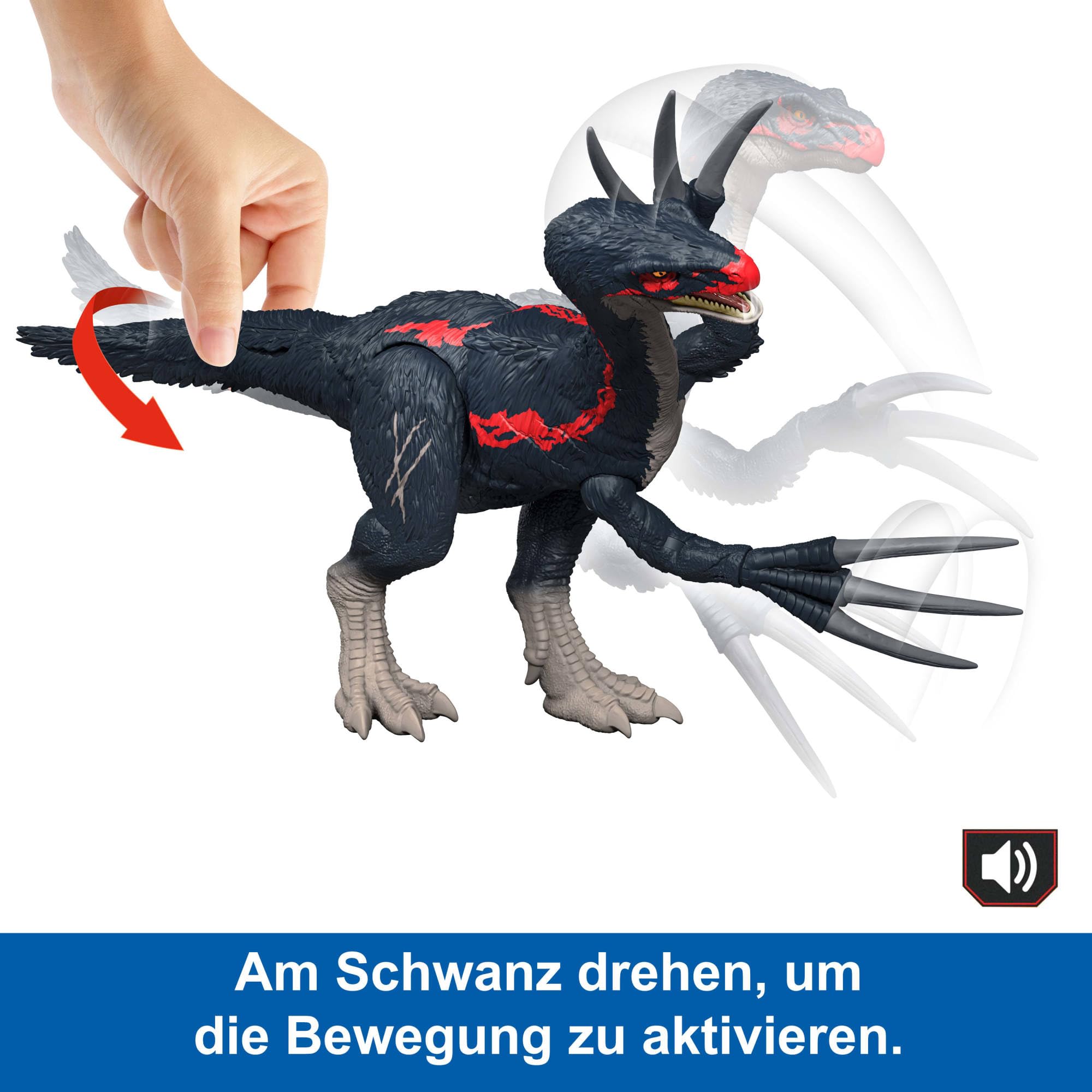 Mattel Jurassic World Chaostheorie Attacke und Brüllgeräusche Therizinosaurus Dinosaurier-Actionfigur, Klauenangriff und Brüllgeräusch, digitaler Spielspaß, JCG17, [Mehrfarbig]