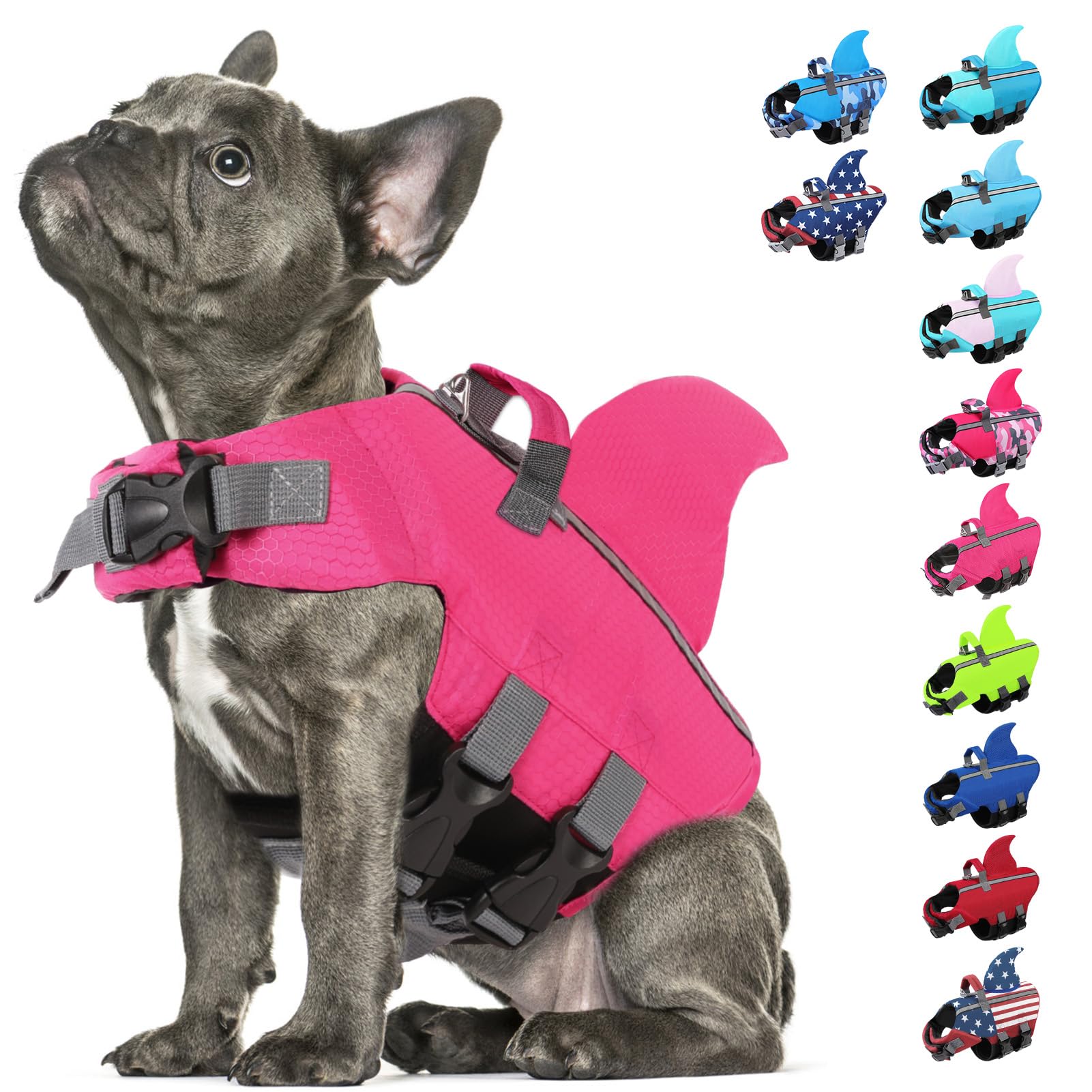 SUNFURA Dog Life Jacket Shark Life Vest for Dogs, Adjustable Swmming Vest with High Buoyancy, Safety Lifesaver with Rescue Handle for French Bulldog