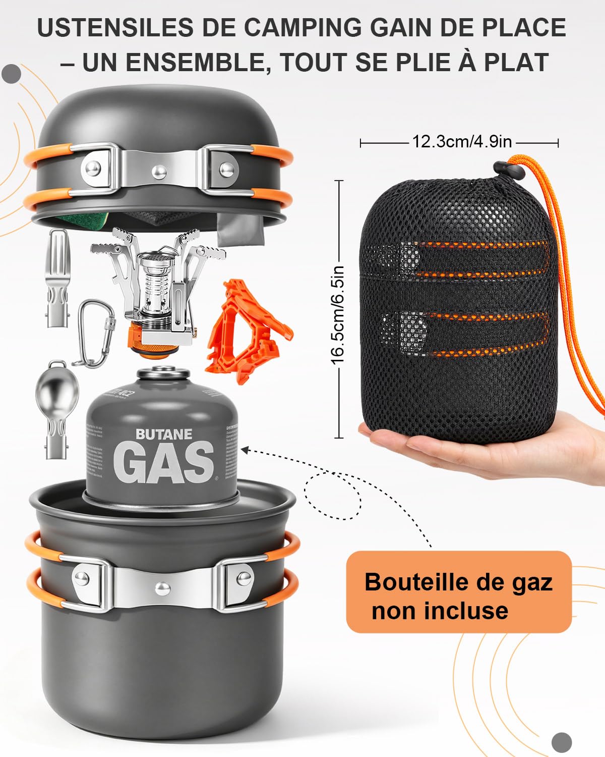 AUTOPkio Kit de Casserole Camping Ultraléger avec Mini Réchaud Gaz | Batterie Cuisine Aluminium, Ensemble Complet pour 1-2 Personnes, Poêle & Ustensiles Compact pour Randonnée Pêche Pique-Nique