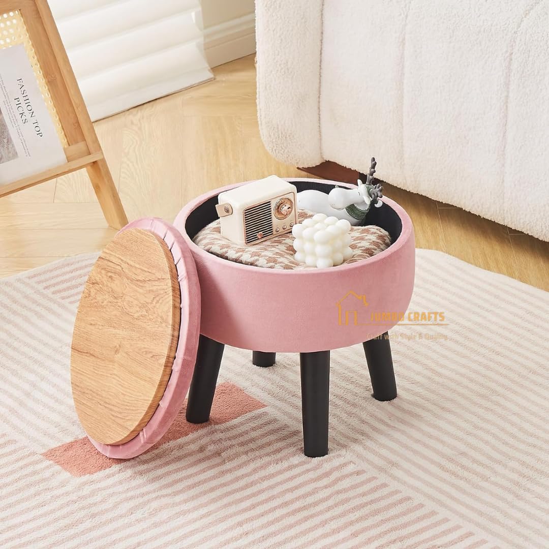JUMBO CRAFTS Storage Ottoman Footstool Round Footrest Soft Padded Foot Stool with Solid Wood Legs | Accent Side Table Step Stool Extra Seating for Hallway Living Room Bedroom Entryway - Pink-picture-24