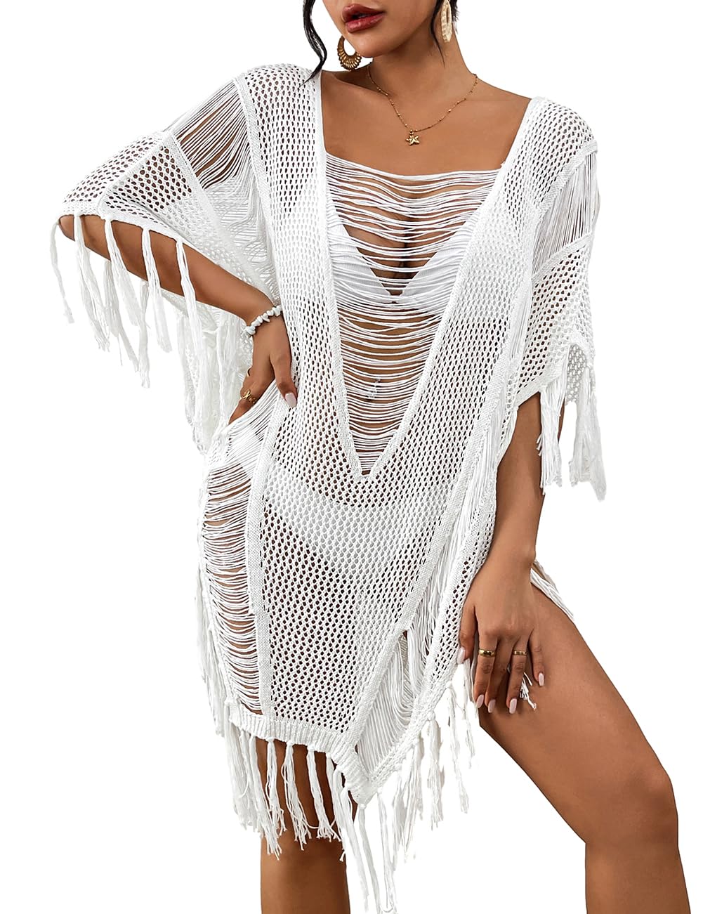 Bsubseach Sheer Beach Cover Ups for Women Swimwear Fringe Hollow Out Swimsuit Coverup Sexy Beach Bathing Suit Cover