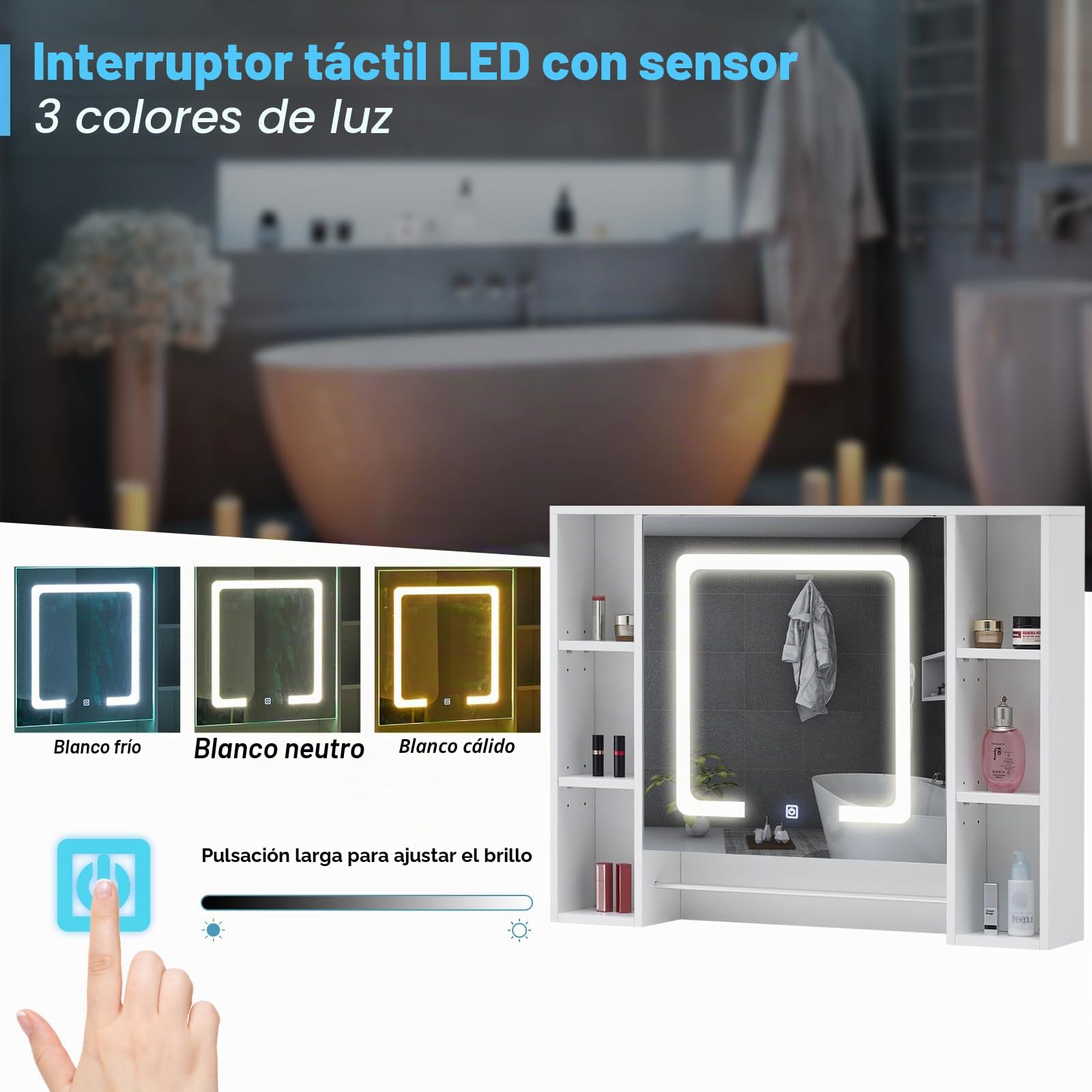 Armario de Baño Espejo con luz LED y toallero 6 Almacenamiento Abierto, Armario de Almacenamiento montado en la Pared, gabinete de Pared de 1 Puerta con estantes Ajustables, Muebles de baño y Ducha