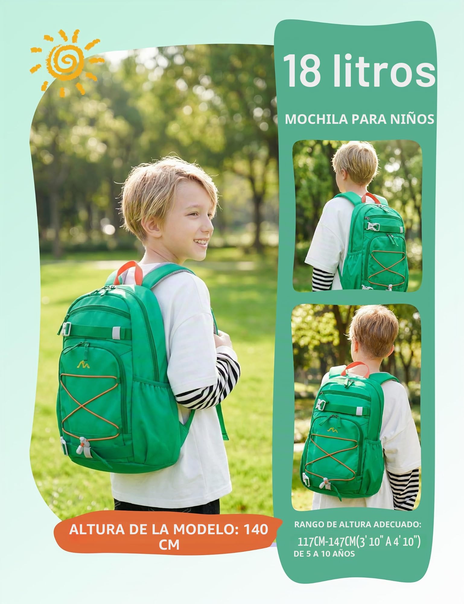 MOUNTAINTOP Mochila Infantil Senderismo Escolar 18L Niños Niñas | Perfecta para escuela senderismo y acampada, correa de pecho ajustable, cremalleras YKK, espalda acolchada transpirable