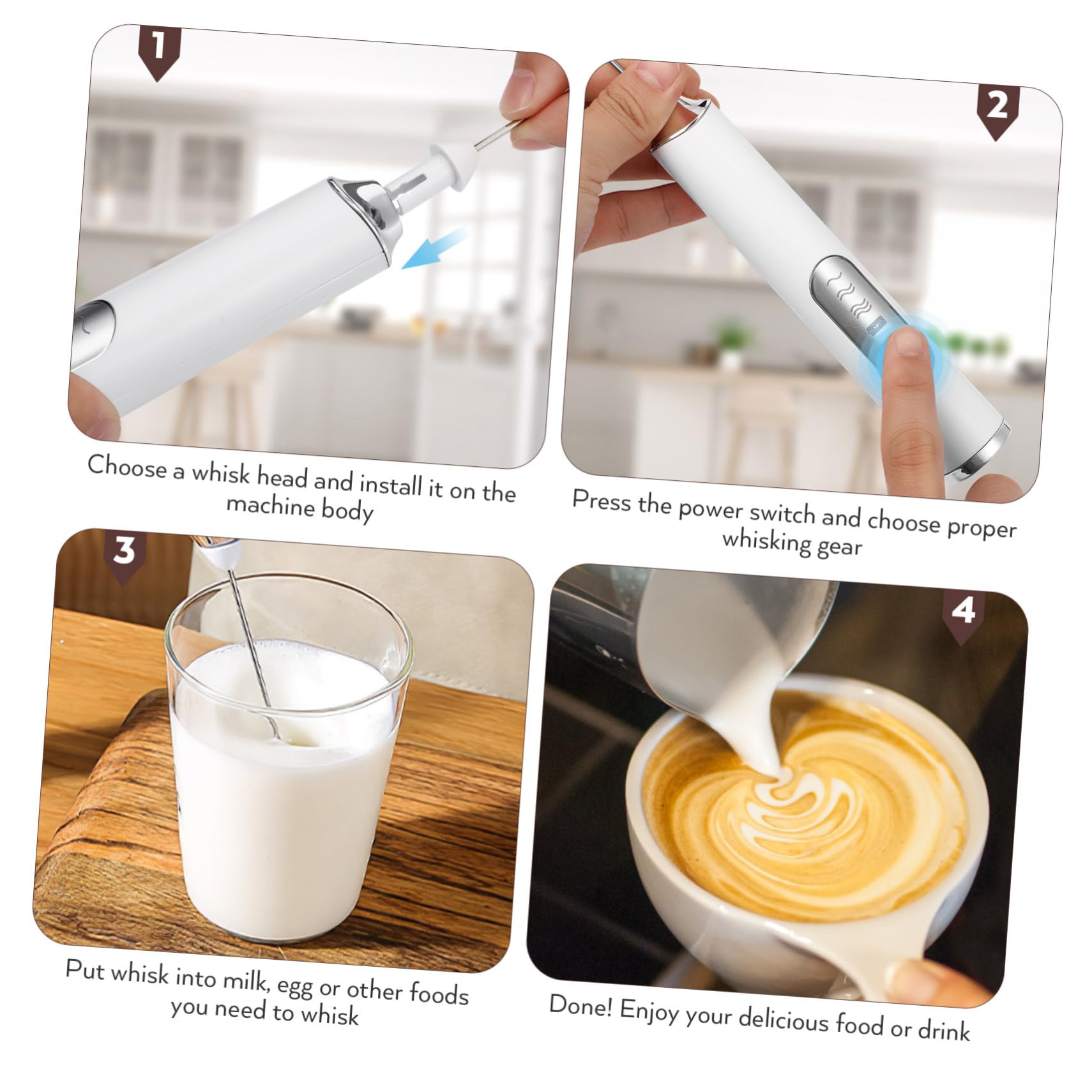 Montalatte Elettrico in Acciaio Inox a 3 Velocità Bianco | Batteria 1200 Mah, 2 Teste Incluse, Cavo Usb, per Montare e Mescolare in Casa