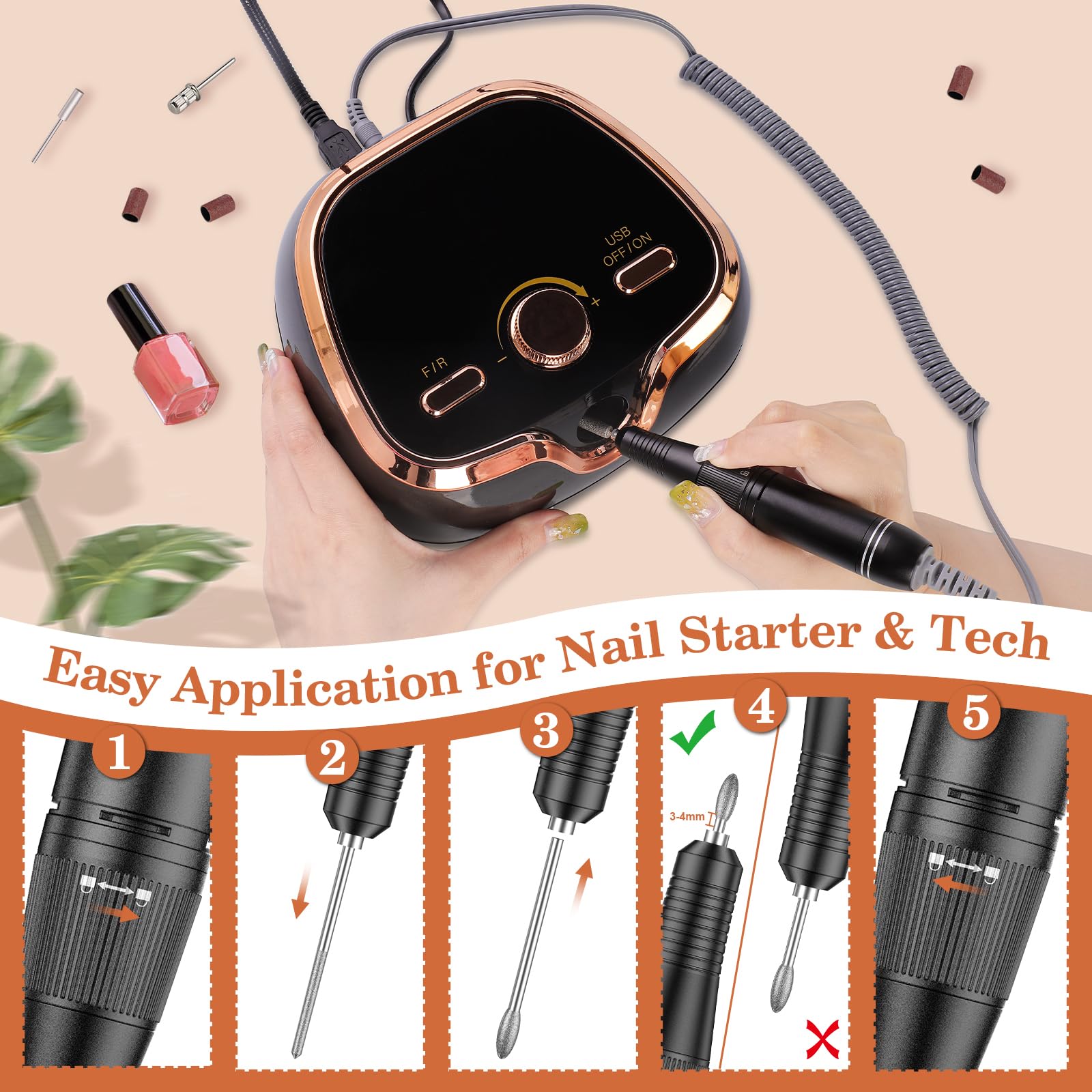 Máquina de perforación de uñas eléctrica, profesional 35000 RPM Electric Nail Drill File with Speed Display Manicure Pedicure Kit para uñas acrílicas, uñas de gel, polaco, buffing y para uso doméstico