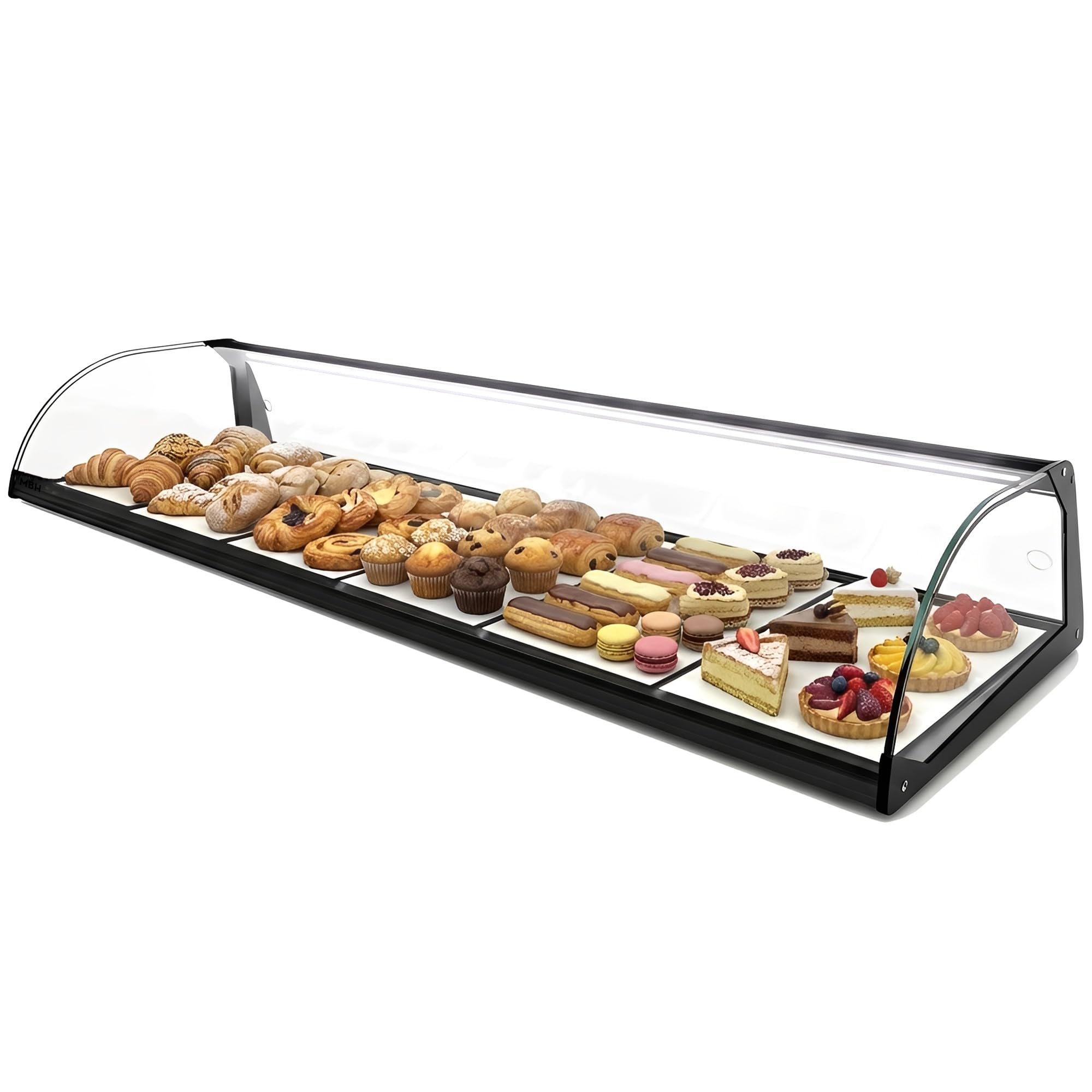 MBH - Neutrale Aufsatzvitrine 119 cm, gebogenes ESG-Sicherheitsglas, 1 Etage, mit LED-Beleuchtung, mit rückseitigen Schiebetüren, für Bar, Café, Restaurant, Gebäck und Konditorei.