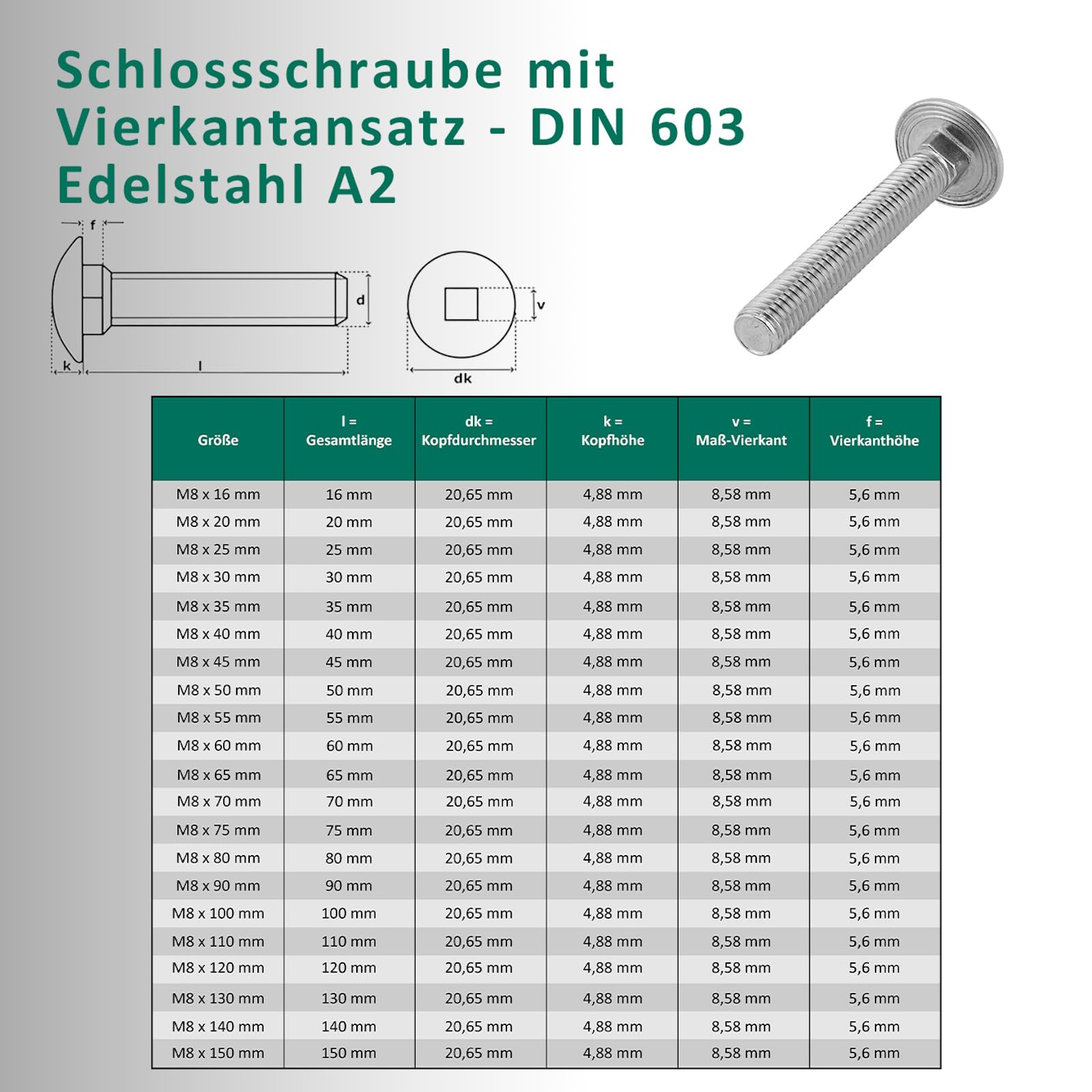 DSM – Viti a testa esagonale M8 x 30 mm secondo DIN 603 – incl. M8 dado esagonale DIN 934 & rondella DIN 125 – in acciaio inox A2/V2A – Viti a testa piatta con attacco quadrato – 50 pezzi