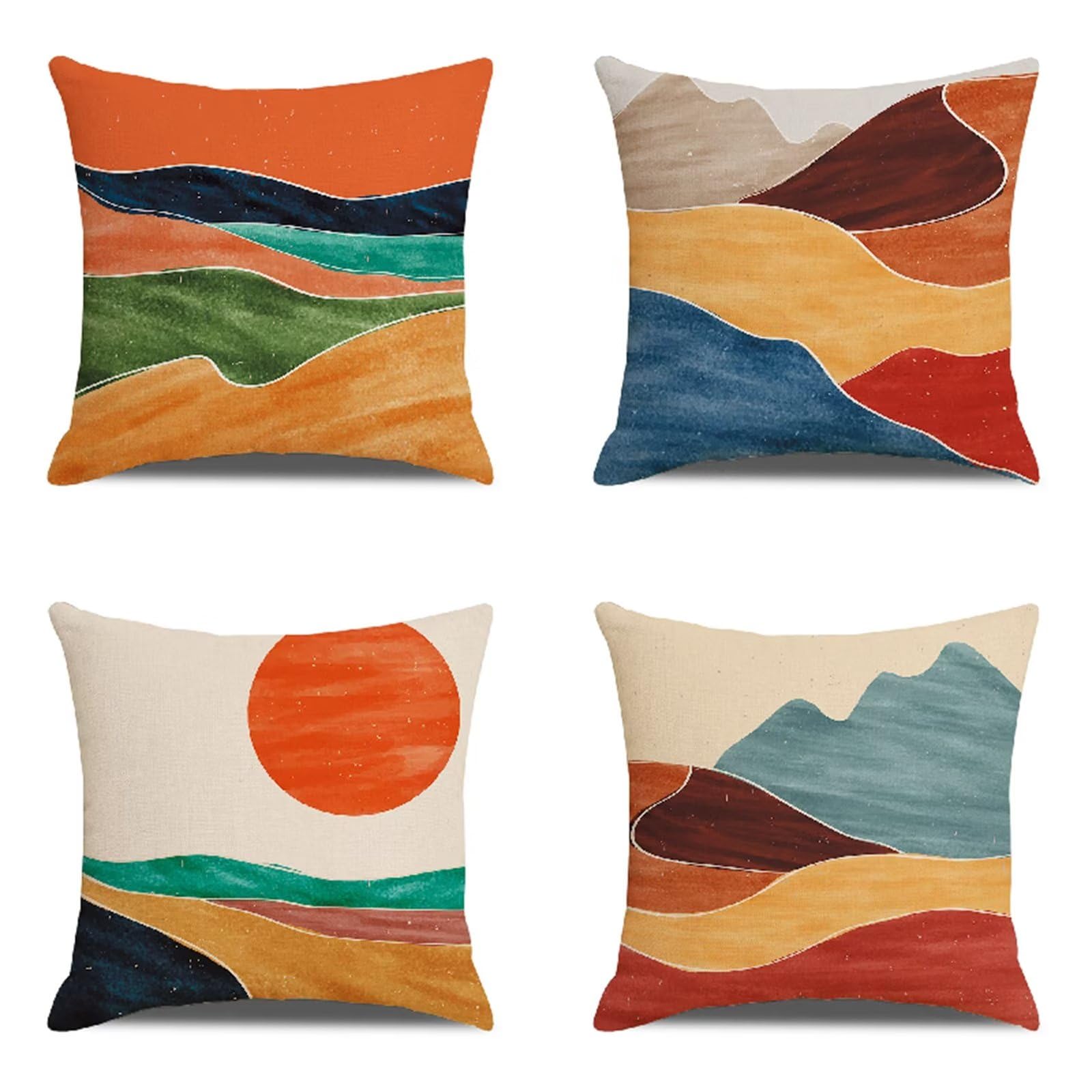 Set 4 Federe Cuscino 45x45 Cm In Tela Di Cotone E Lino, Con Motivo Dipinto Ad Olio, Cerniera Invisibile, Per Divano E Casa