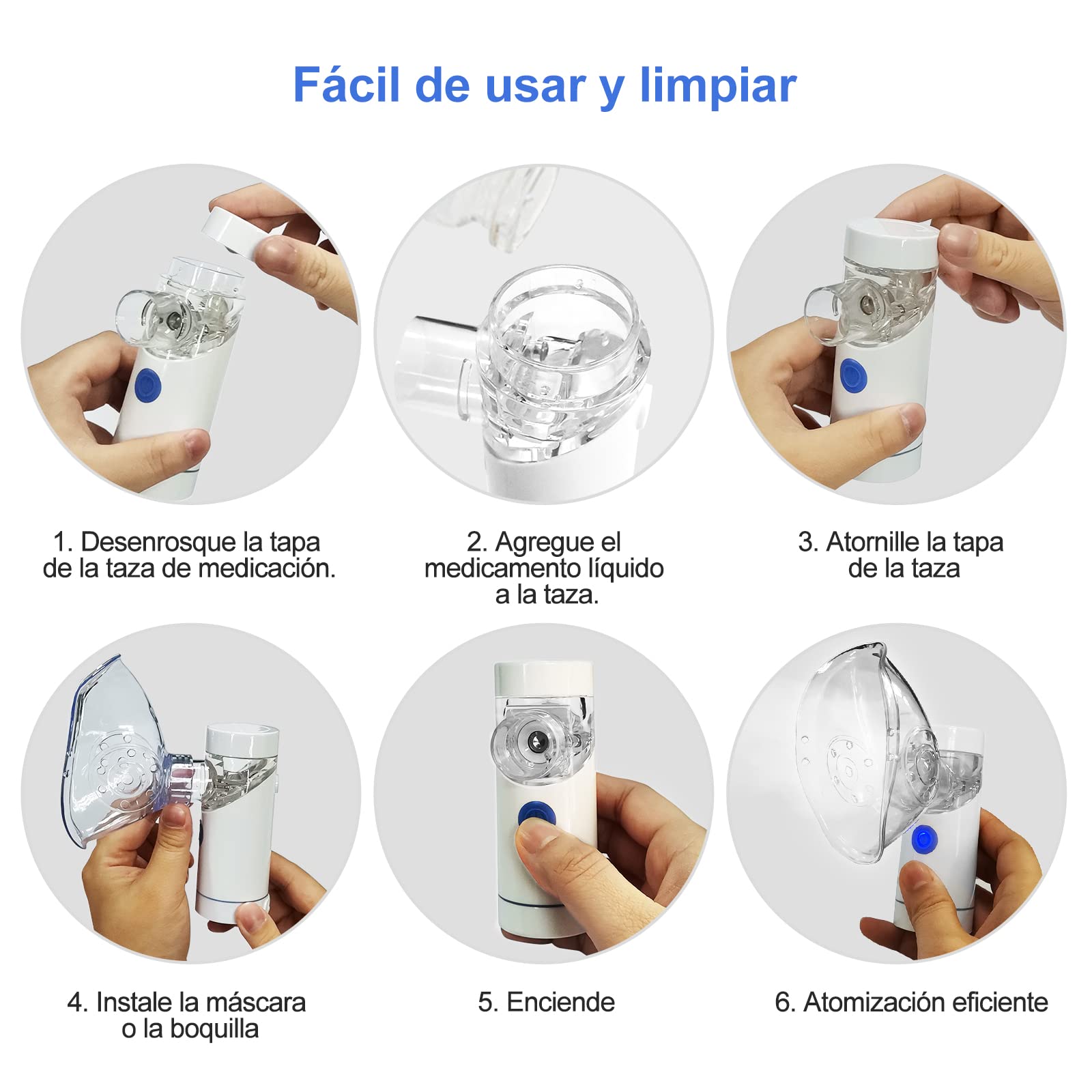 Nebulizador Eléctrico Inhalador Portatil Ruido Bajo USB Recargable con Boquilla y 1 máscara de adulto y 1 máscara de niño