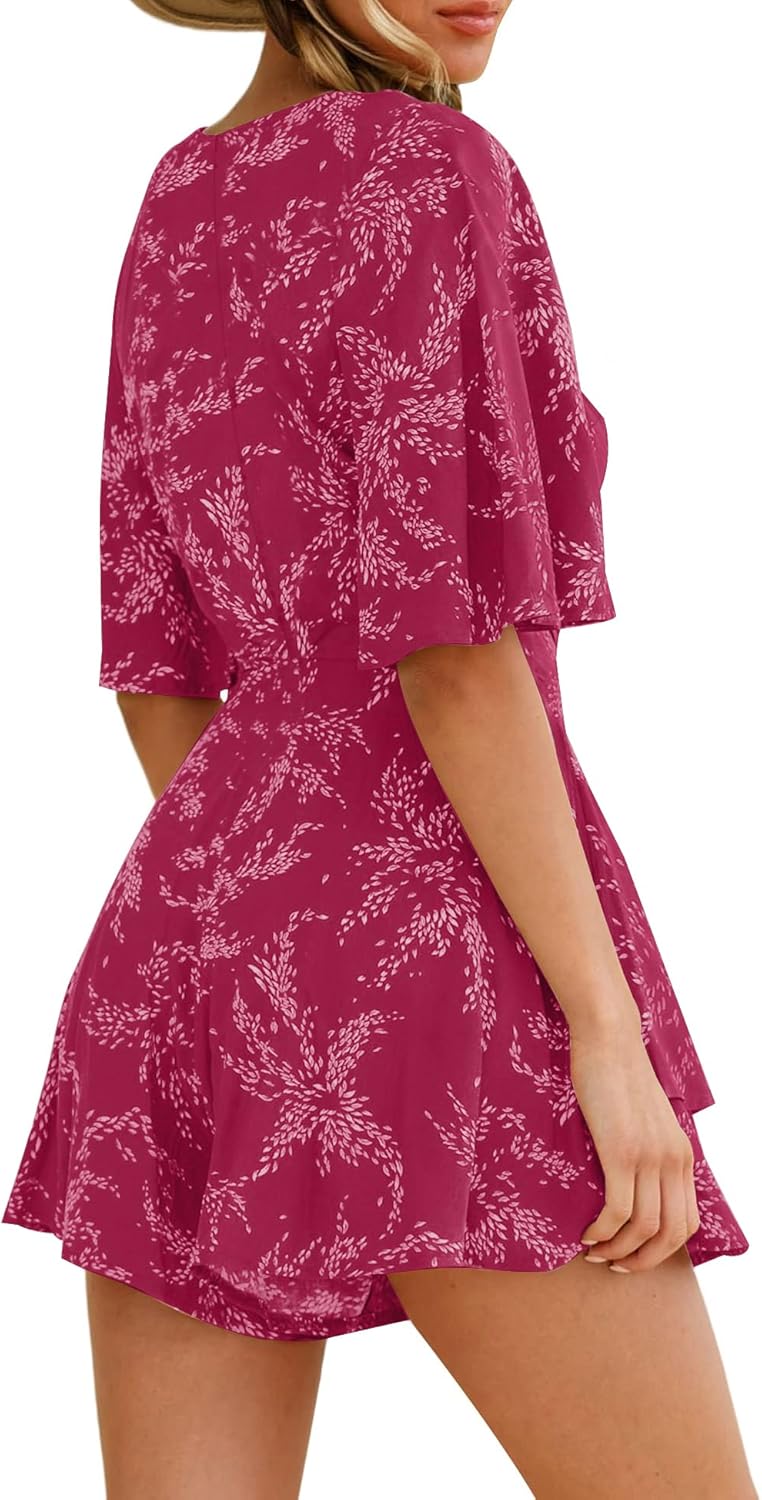 Relipop Women’s Summer Romper Floral V Neck Short Sleeve Waist Tie Ruffle Hem Vacation Outfits 2026 Casual One Piece Jumpsuit - Image 6