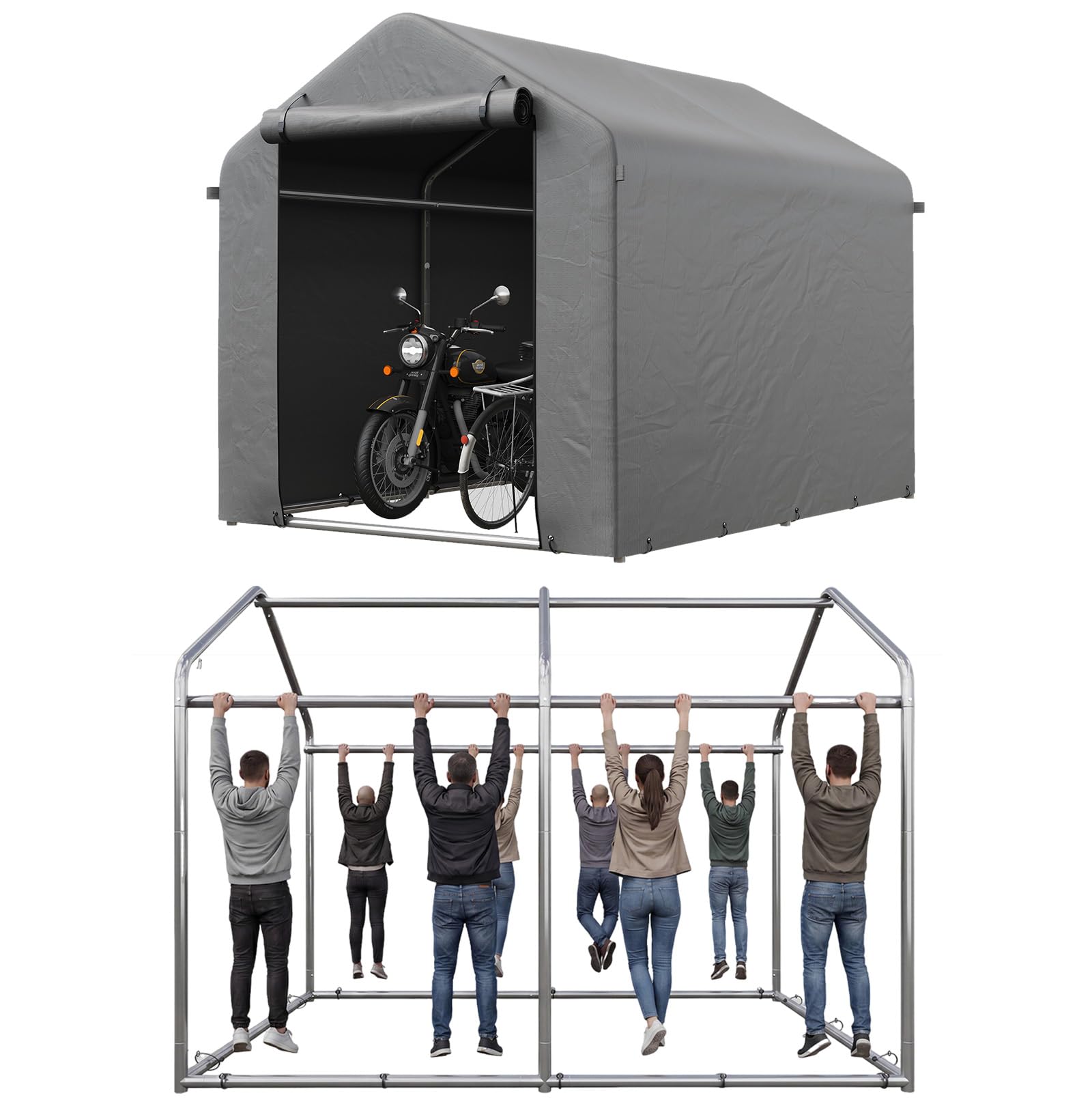 Aoxun 2.2x1.6M Heavy Duty Outdoor Storage Shed, PE Woven fabric, 3000mm Waterproof Portable Bike Shed Shelter and Garden Storage Tent, Roll-up Door Carport for Motorcycle and Lawn Tools, Grey