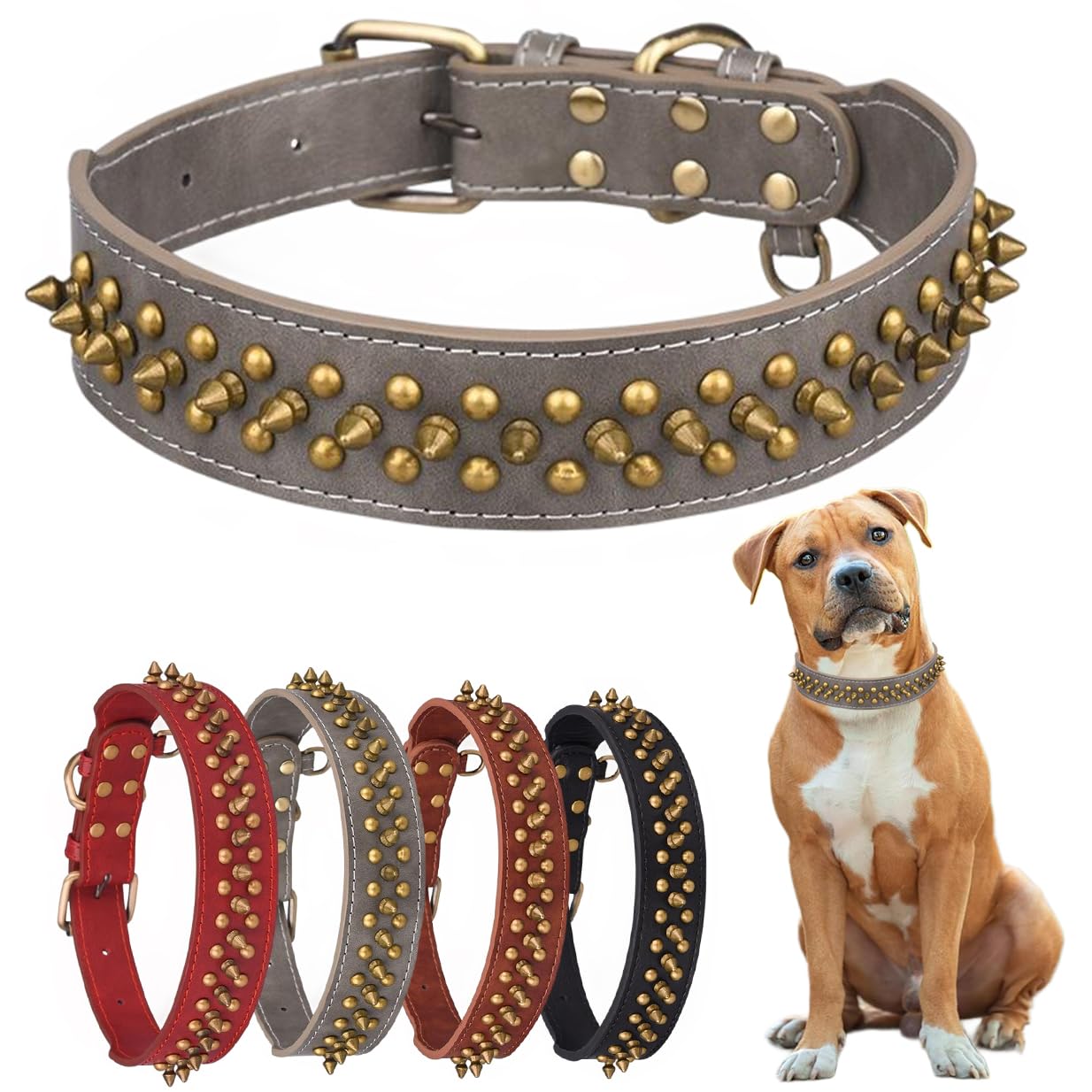Spiked Dog Collars, Leather Spike Collars with Bullet Rivets, Durable Soft and Adjustable for Small Medium Large Dogs