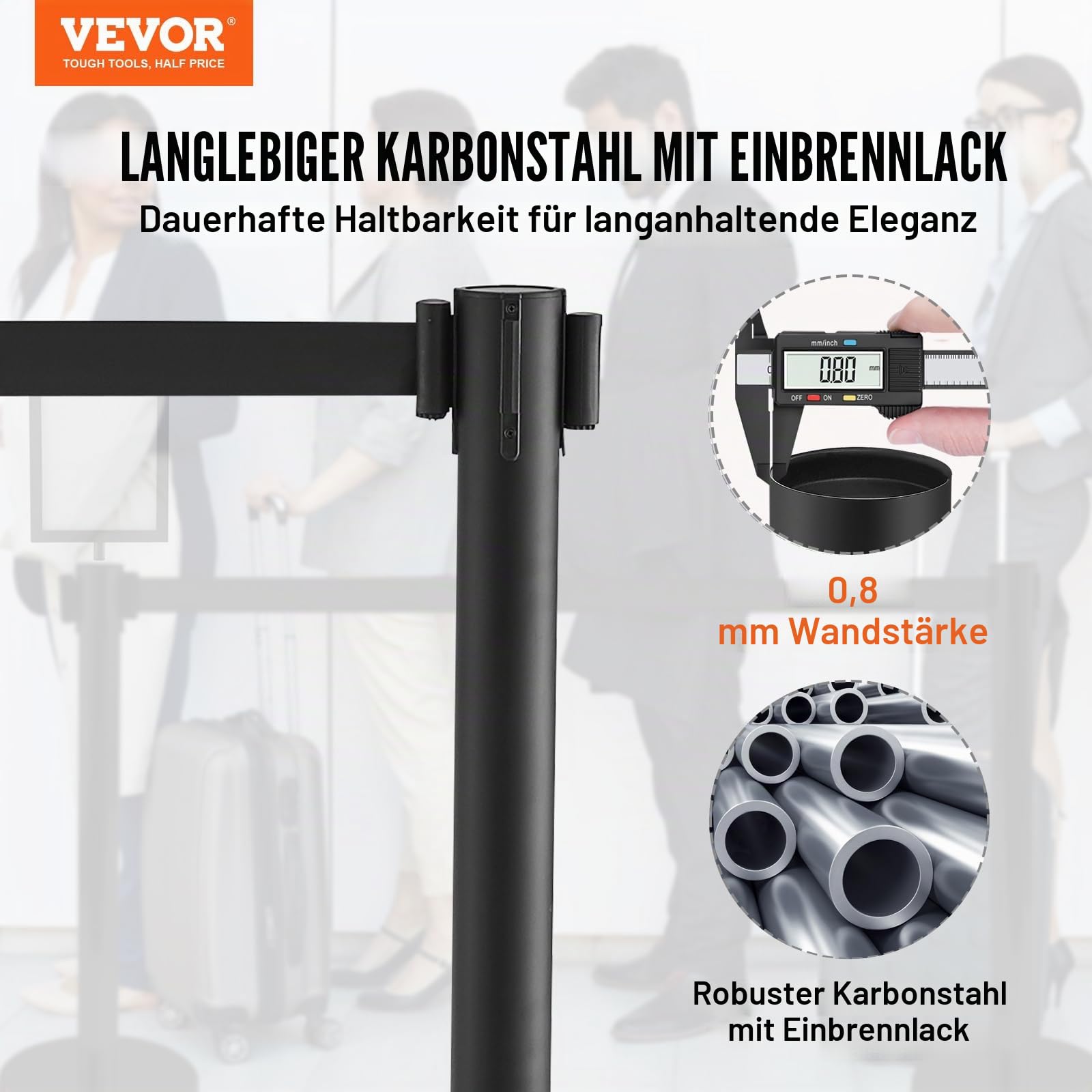 VEVOR Personenleitsystem Absperrband Absperrständer 6-teilig, 2 m x 48 mm Schwarzer Einziehbarer Gürtel, Personenleitsystem Absperrpfosten mit Schildern für Flughäfen, Messen, Wettkampforte usw.