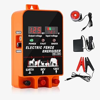 5.5J Electric Fence Charger Energizer, 5.5 Joules 10 Miles, AC DC 2 in 1 Powered Supply, Input 12V Output 8 KV or 12KV, with Display and Alarm, Contain Cattle Cow and Livestock, No Remote