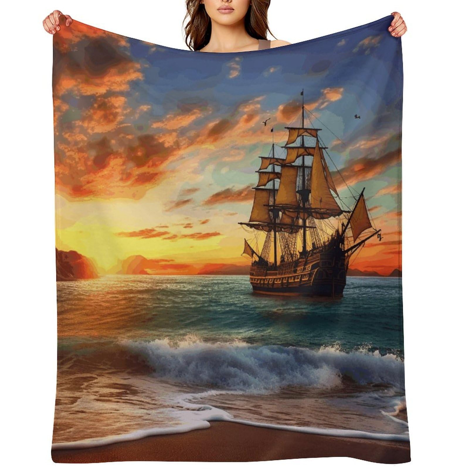 Pirate Ship in The Sunset Blankets Large Luxury Flannel Throw Blanket Fashion Thick Blanket for Sofa&Bed Blankets Cozy Ultra-Soft Bath Towel for Men&Women 30"x40"