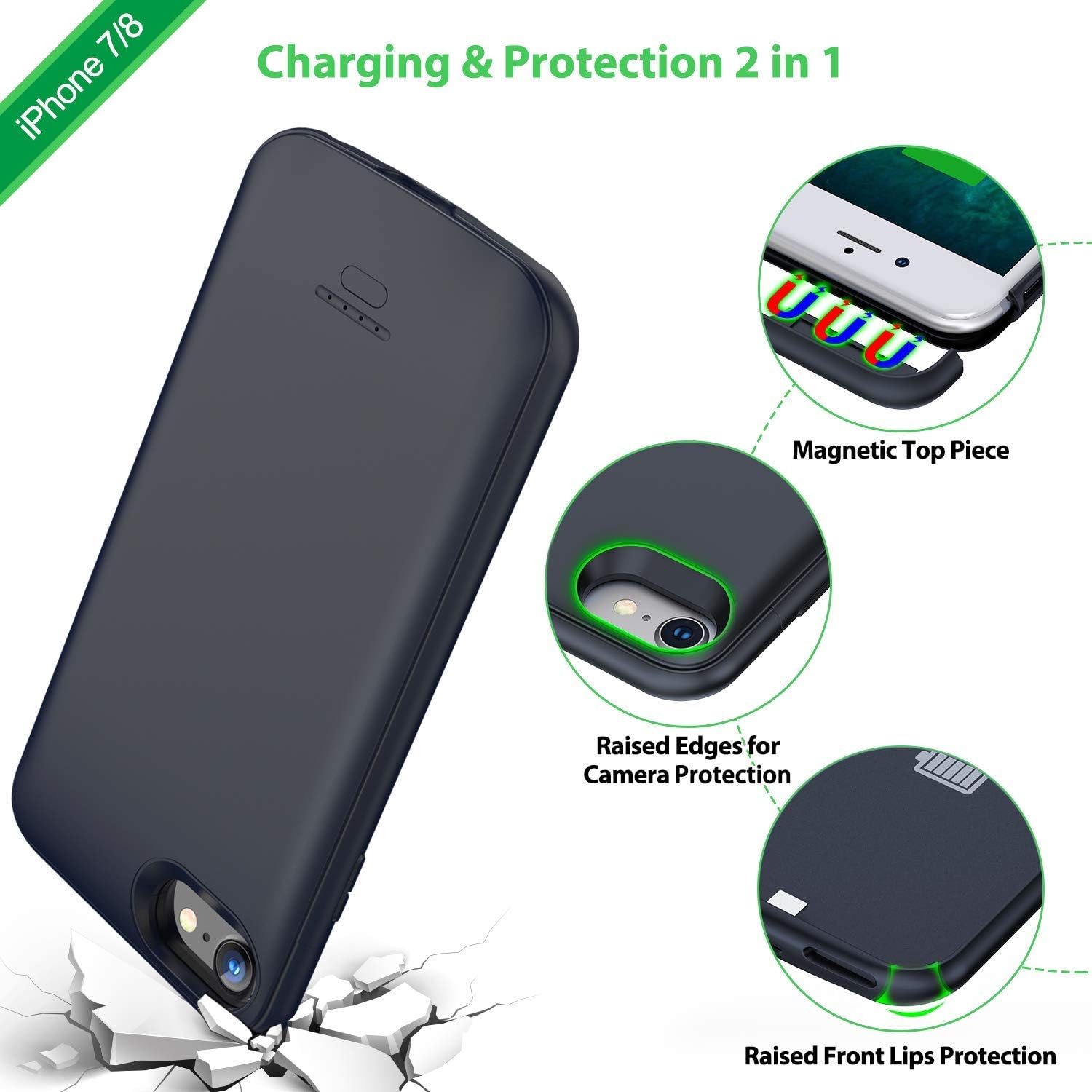 Lonlif Battery Case for iPhone 7/8, 4000mAh Portable Protective Charging Case Compatible with iPhone 7/8 (4.7 inch) Rechargeable Extended Battery Charger Case (Black)