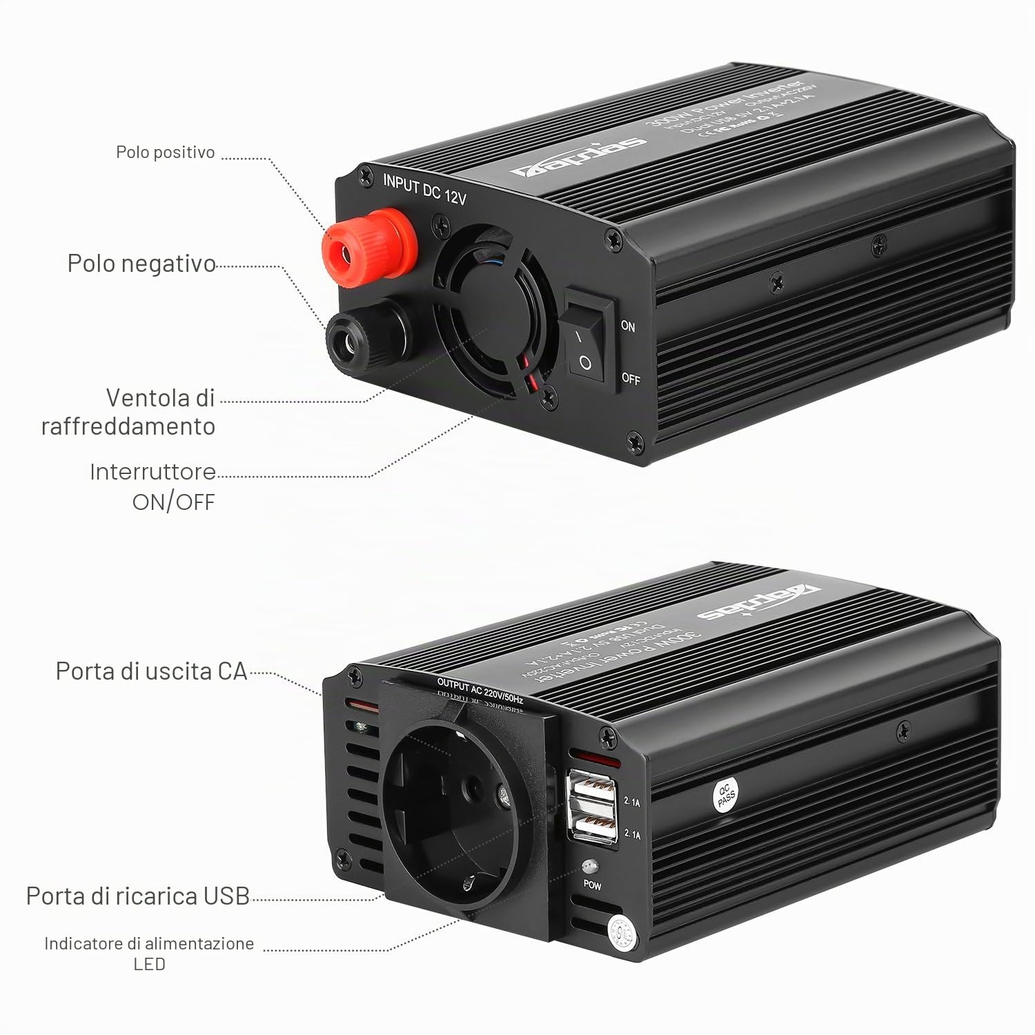 300W Power Inverter da Auto DC 12V a 220-240V AC, 2 Porte USB 4.2A