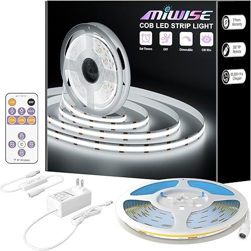 MIWISE Tira de luces LED blancas, tira de luz LED COB de 6000 K, luz blanca, regulable de 32.8 pies y 24 V, tira de iluminación flexible súper