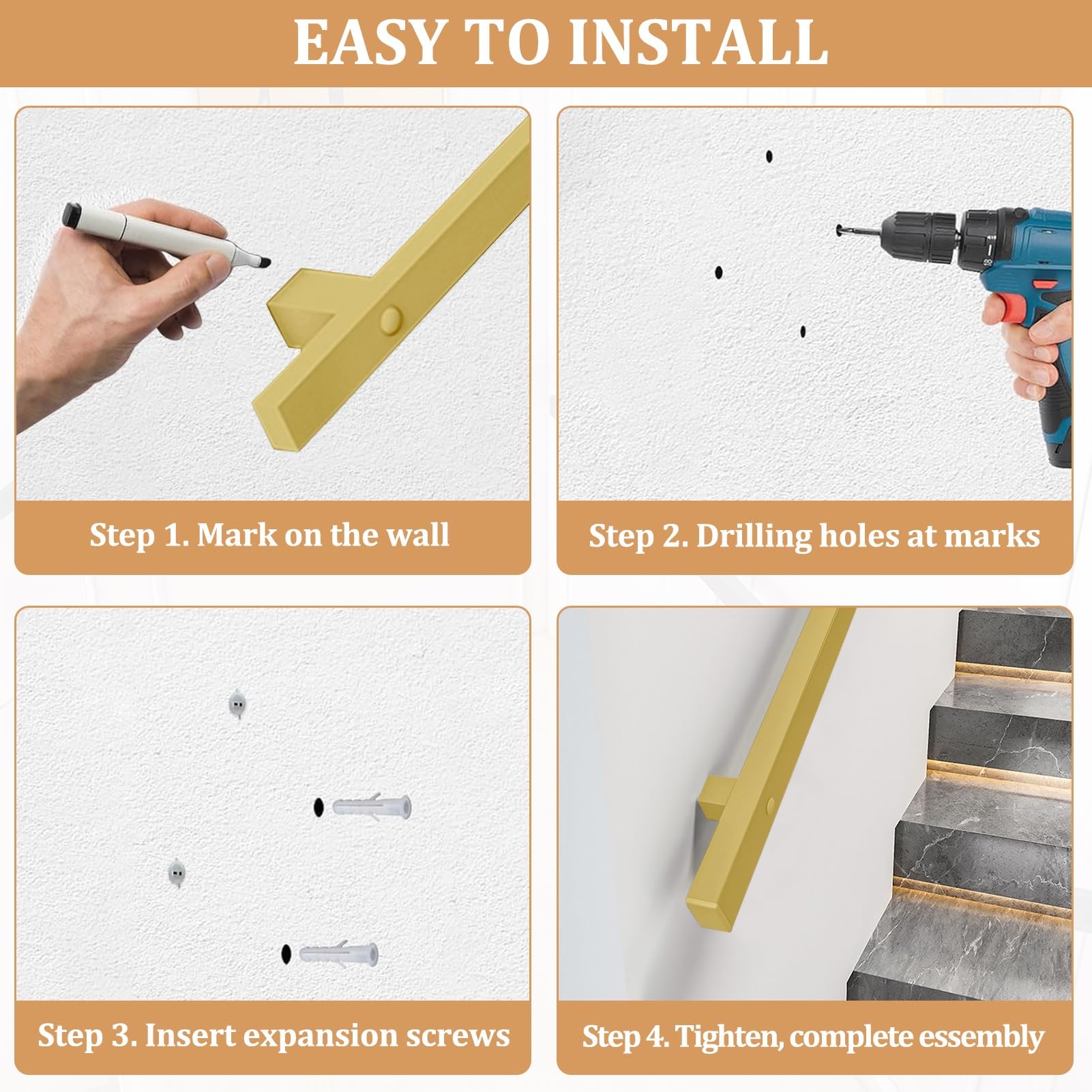Corrimano per scale in oro per interni/esterni, balaustra in ferro battuto montata a parete, barra di sostegno antiscivolo per ringhiera di sicurezza del corridoio del loft di casa, tubo quadrato(270c