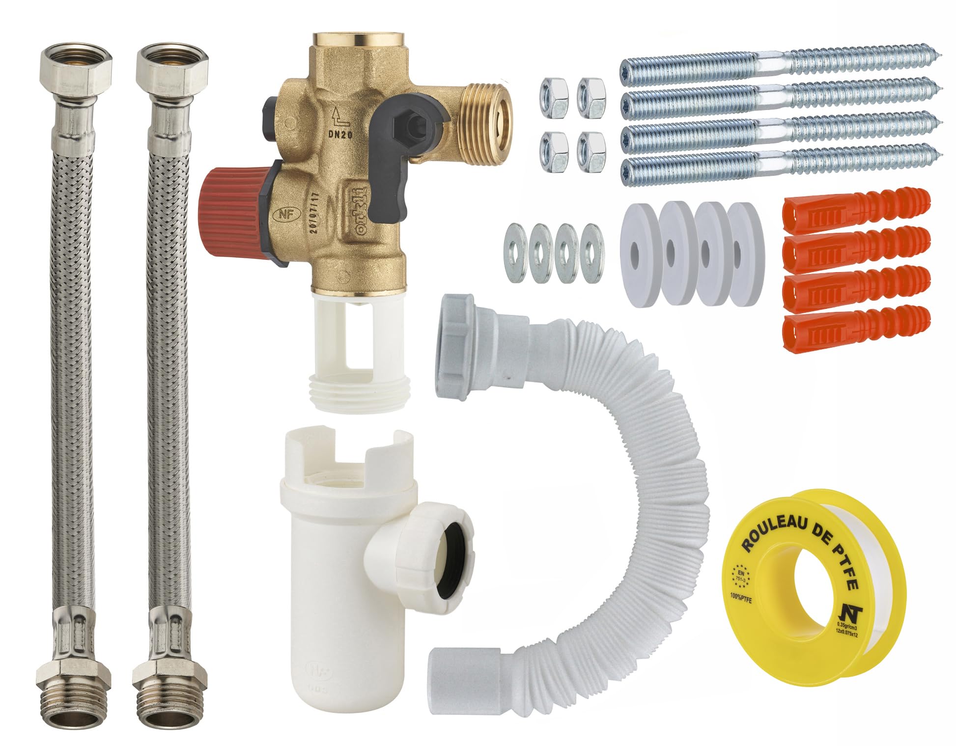 Kit Groupe de sécurité droit norme NF 20x27 (3/​4) siège laiton + siphon + flexibles d'alimentation + flexible évacuation + teflon + fixations murale chauffe eau/​cumulus NOYON & THIEBAULT