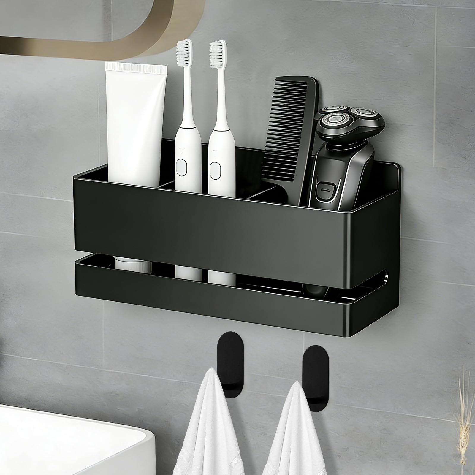 BORISCA Black Aluminum Electric Toothbrush Holder Wall Mounted, Three-slot Self Adhesive Wall Mounted Toothbrush Holder with Drain for Toothbrush, Toothpaste, Razor Bathroom Accessories