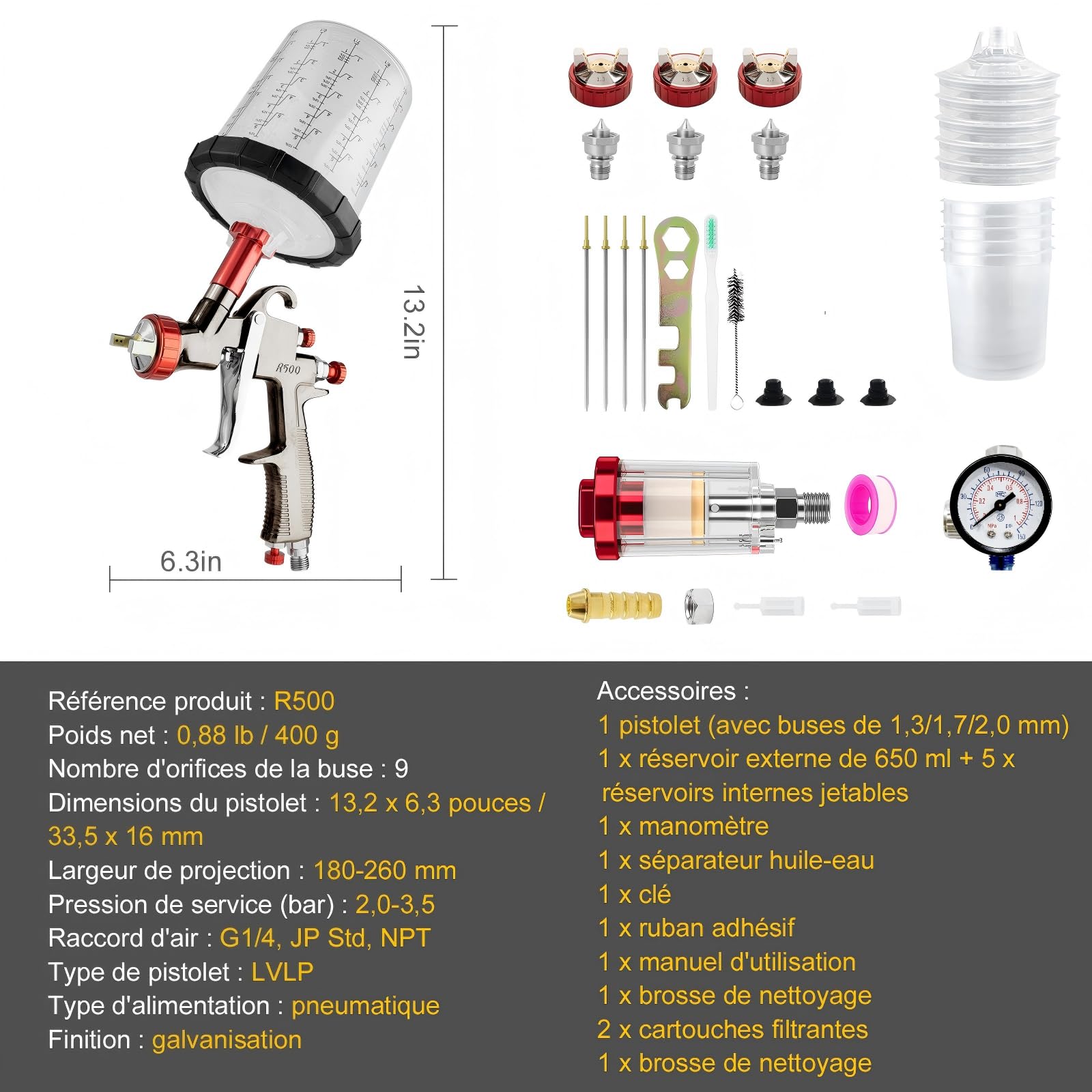 SRQ R500 LVLP Pistolet à Peinture avec de 1,3/1,7/2,0 mm Kit de Pistolet, Comprenant Un Godet de mélange de 650 ML et 5 Godets jetables ; Pistolet à Peinture pneumatique Professionnel