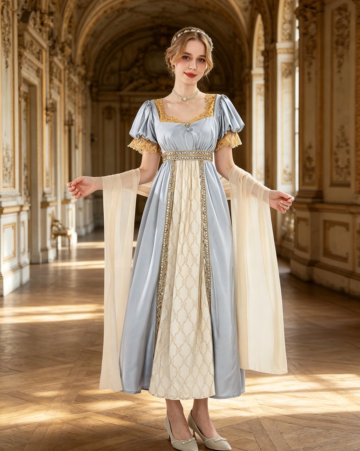 CR ROLECOS Regency Dresses - Abito corto da donna Regency Era con vita impero vittoriana Tea Party Costume