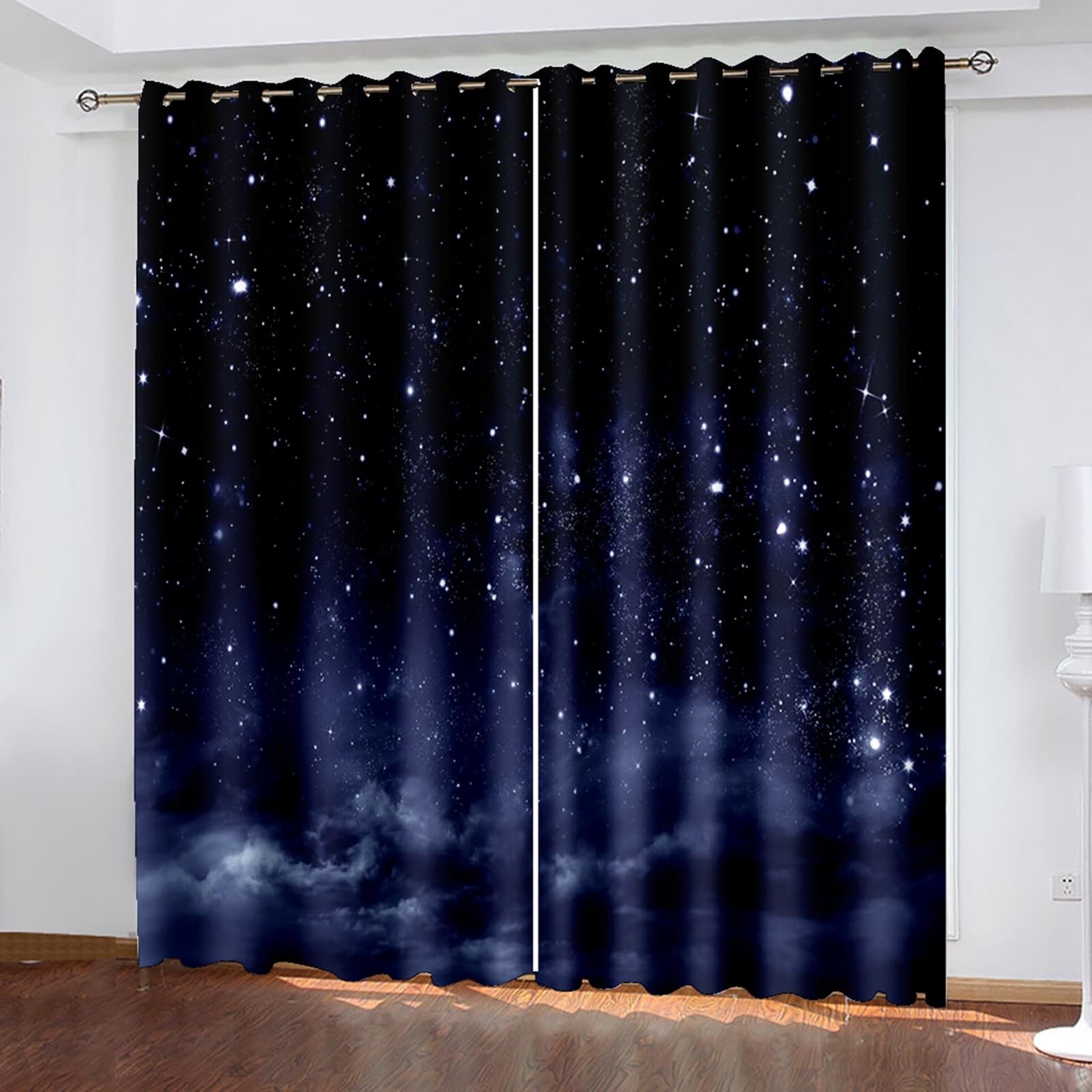 Cortinas de salón opacas para interiores, 2 unidades, cortina elegante para ventana con ollaos, paisaje de nubes y cielo estrellado, cortinas para dormitorio, 234 x 274 cm (ancho x alto), azul