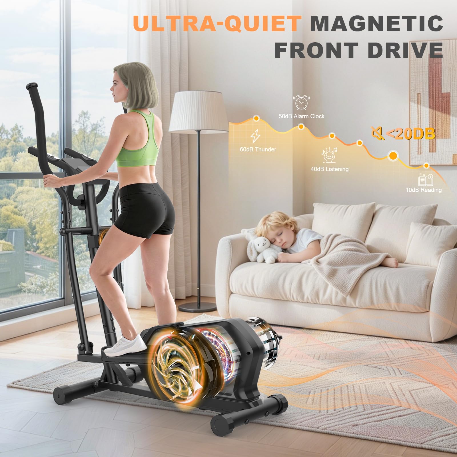Bicicleta Elíptica para Casa Silenciosa con 16 Niveles de Resistencia, Sensor de Pulso, Monitor LCD y Soporte para Dispositivos, Bluetooth y App, Elíptica ultrasilenciosa para Uso doméstico