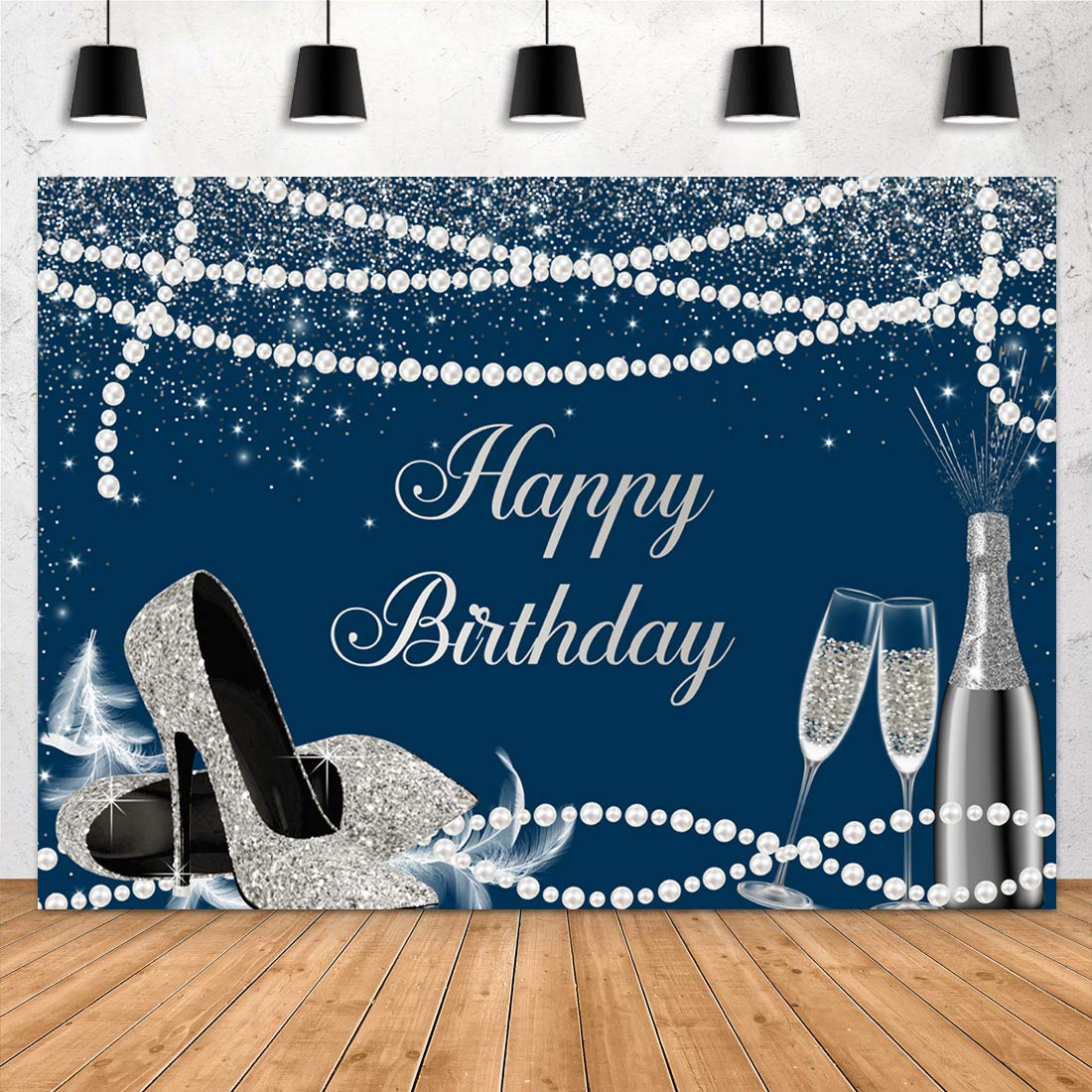 Aperturee 7x5ft Navy Blue and Silver Happy Birthday Backdrop High Heels Champagne Glasses Glitter Dots Sweet 16 Photography Background Girls Women