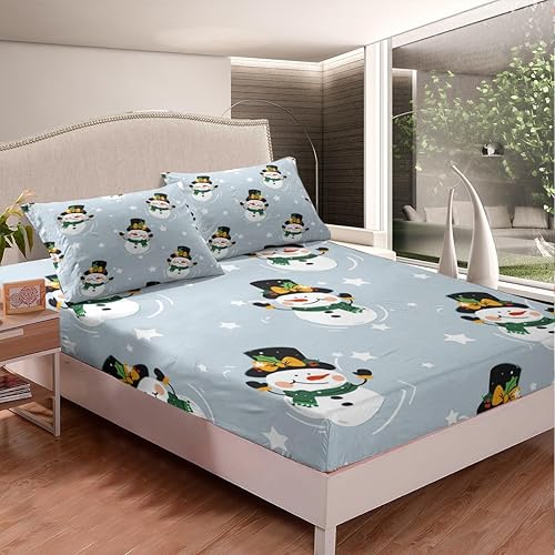 Miniatura 2 de Manfei Sábana bajera ajustable de muñeco de nieve, tamaño individual, juego de ropa de cama temática de Navidad, 2 piezas para decoración de