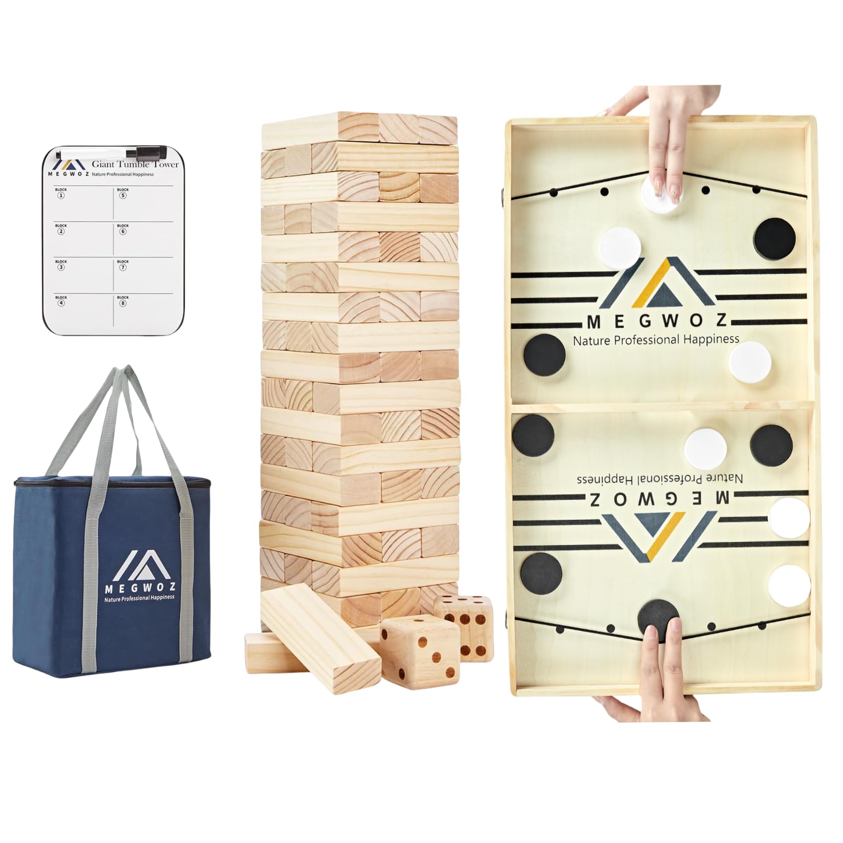 MegwozGiant Tumble Tower Stacking from 2Ft to Over 4.2Ft + Large Fast Sling Puck Game Indoor Puckett Games for Kids & Adults