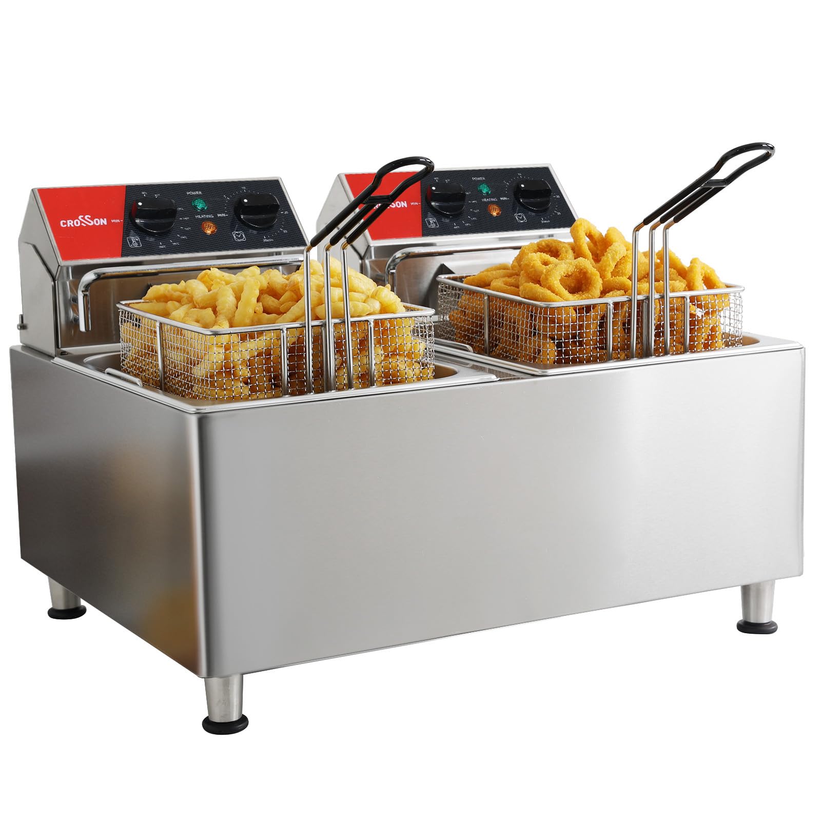 crosson Friteuse électrique CROSSON 16 L à double réservoir avec tête de friteuse rotative, minuterie de 30 minutes, thermostat EGO, friteuse de comptoir pour usage commercial