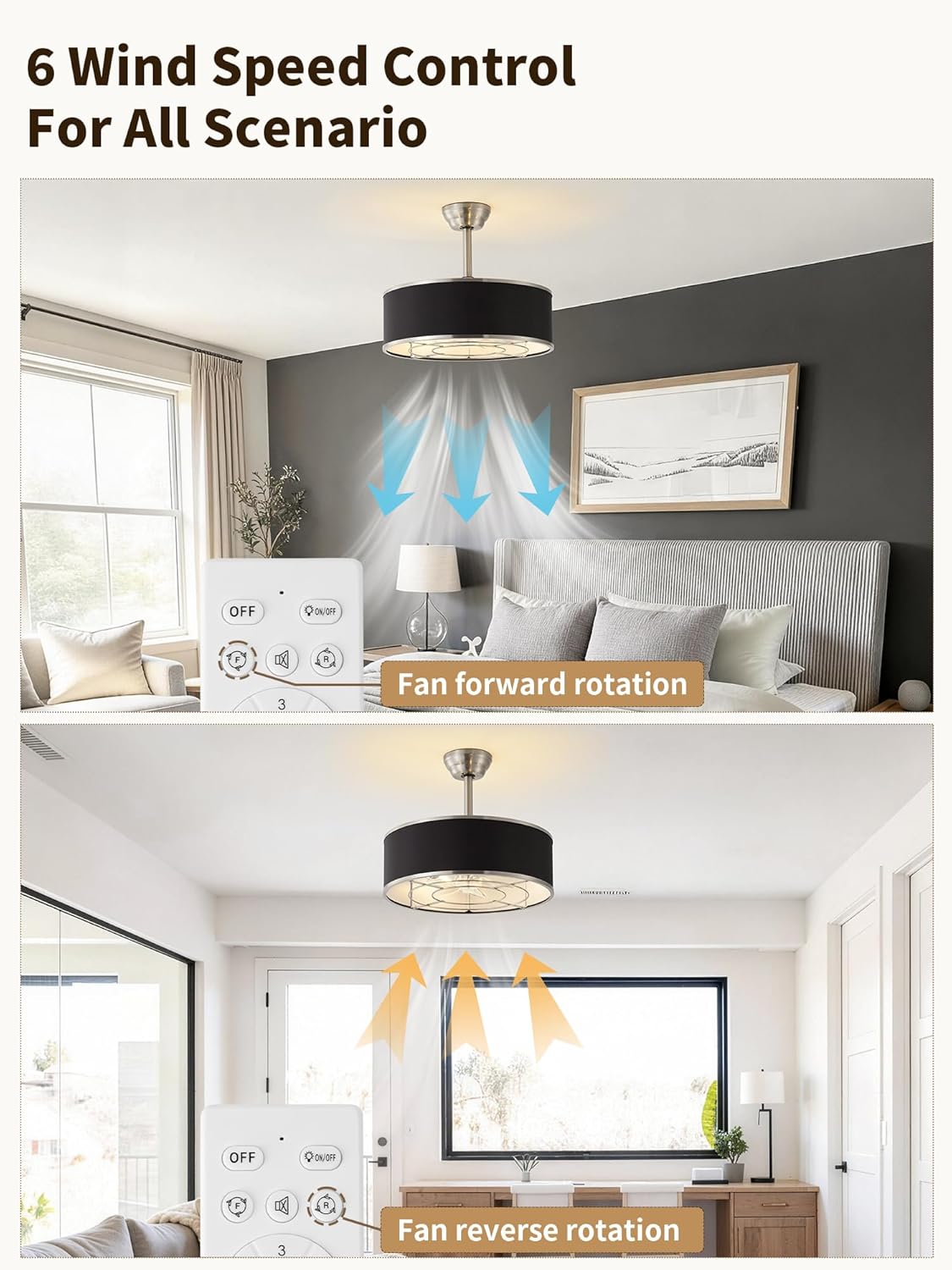 20" Caged Farmhouse Rustic Fandelier Ceiling Fans with Lights, Black and Silver Ceiling Fan with Light Remote Control, Mid-Century Chandelier with 6 Speeds for Bedroom,Living Room, Nursery
