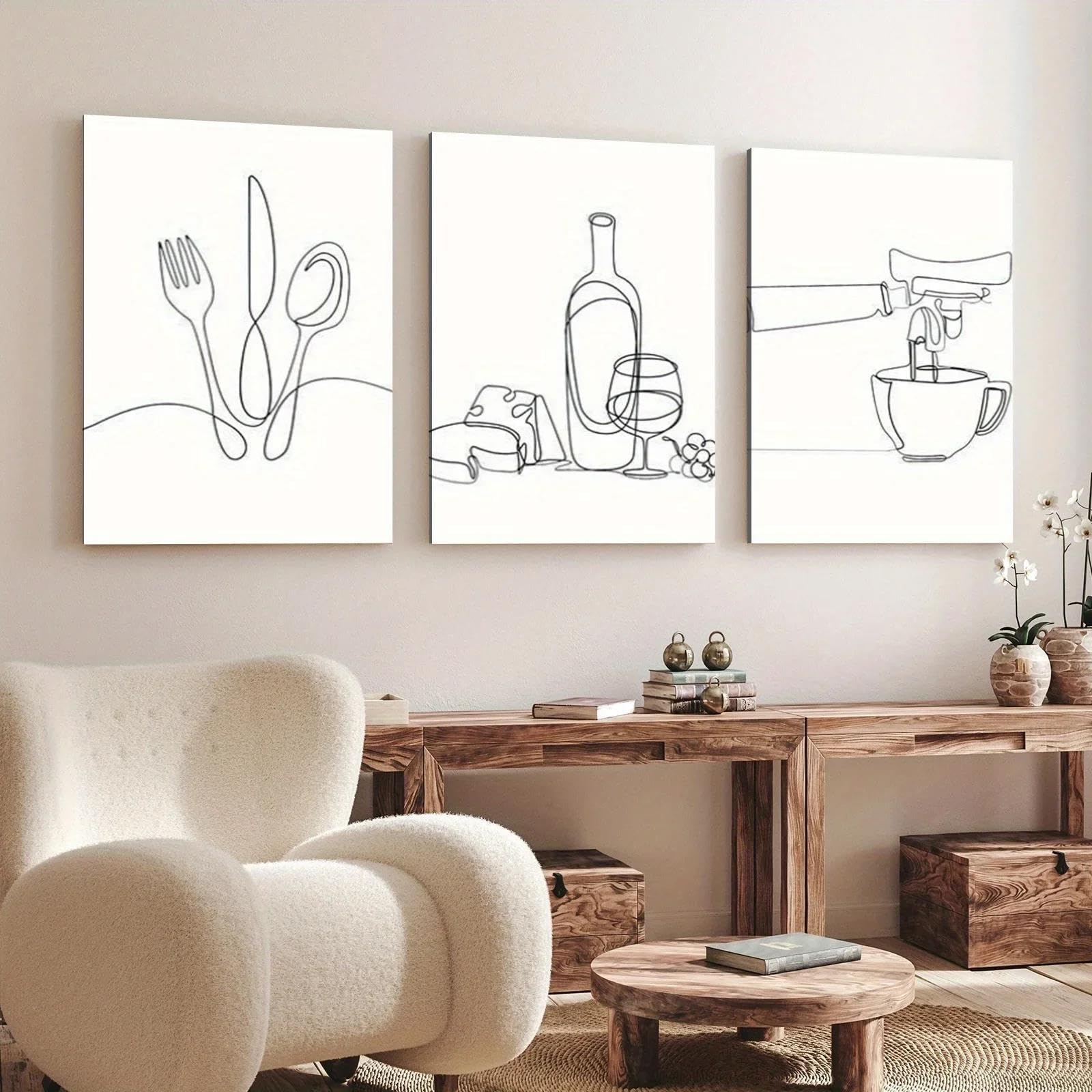 Yocheng 3pcs Canvas Paintings Kitchen Wall Art, Cartoon Line Drawing, Simple Canvas Posterhome Decor 21x30cmx3 No Frame