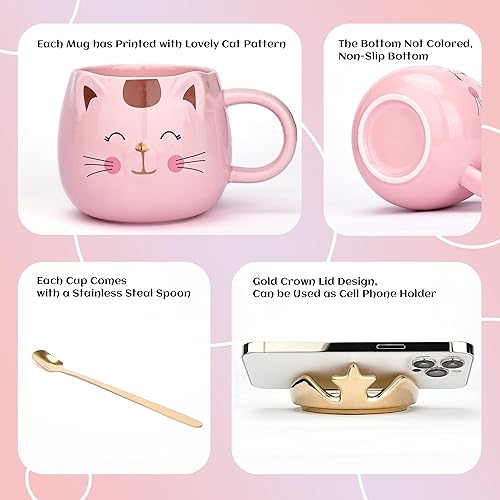 Miniatura 4 de Juego de 4 tazas de gato lindo juego de 4 tazas de gato con corona con tapa para teléfono celular para amantes de los gatos, lindas tazas de café de