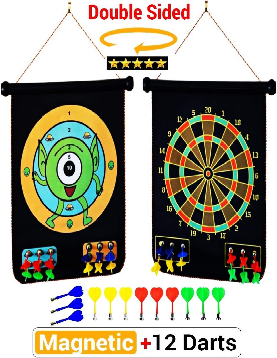 PremiumExclusives Large Double Sided Rollup Magnetic Dart Board for Kids & Adults | Ready to Hang Anywhere | 2 Games and 12 Safe Magnetic Darts of 4 Colors