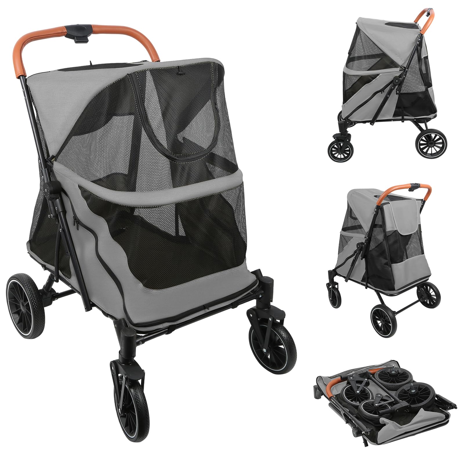 Homewell Passeggino per cani di taglia grande, pieghevole, con finestre in rete, pieghevole, fino a 35 kg, 60 x 83 x 108 cm (grigio)