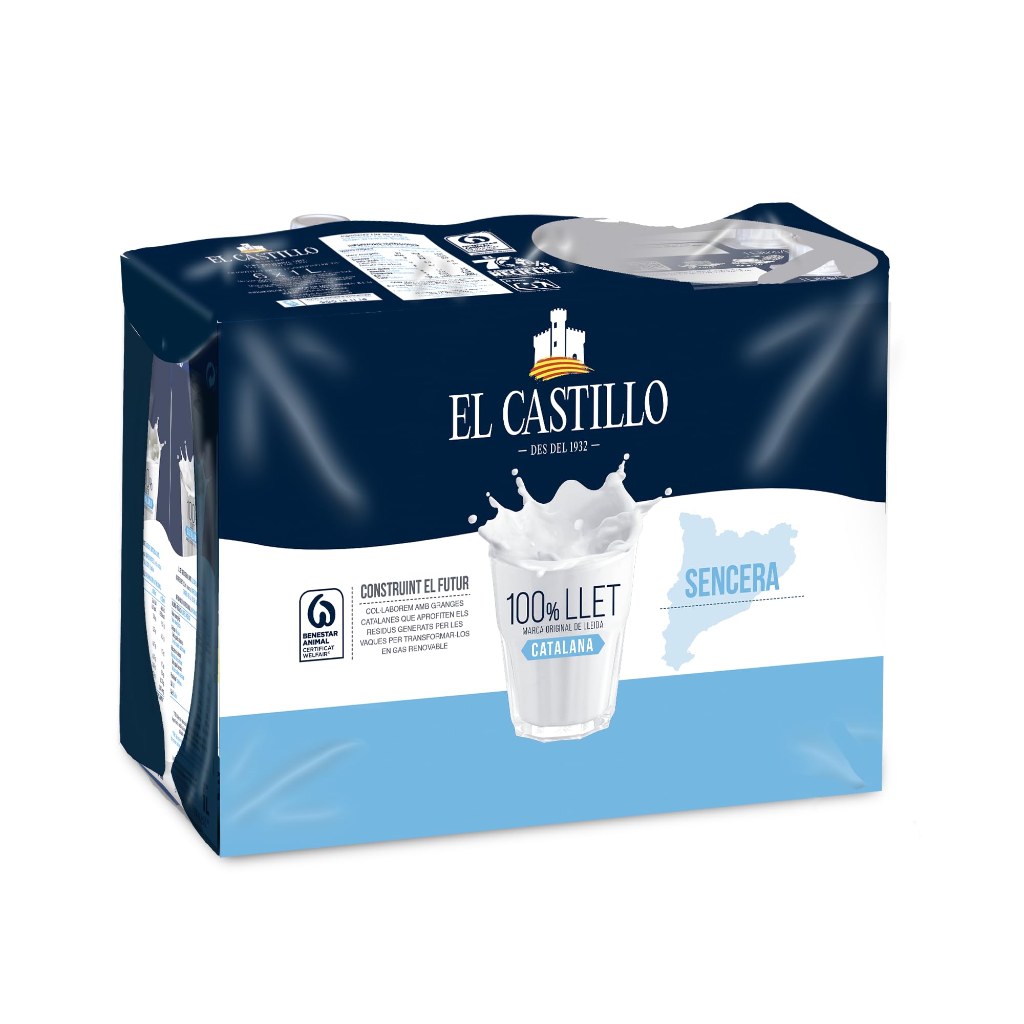 El Castillo Leche Entera Rica en Calcio y Proteínas Sin Gluten Sin Azúcares Añadidos Pack 6x1L