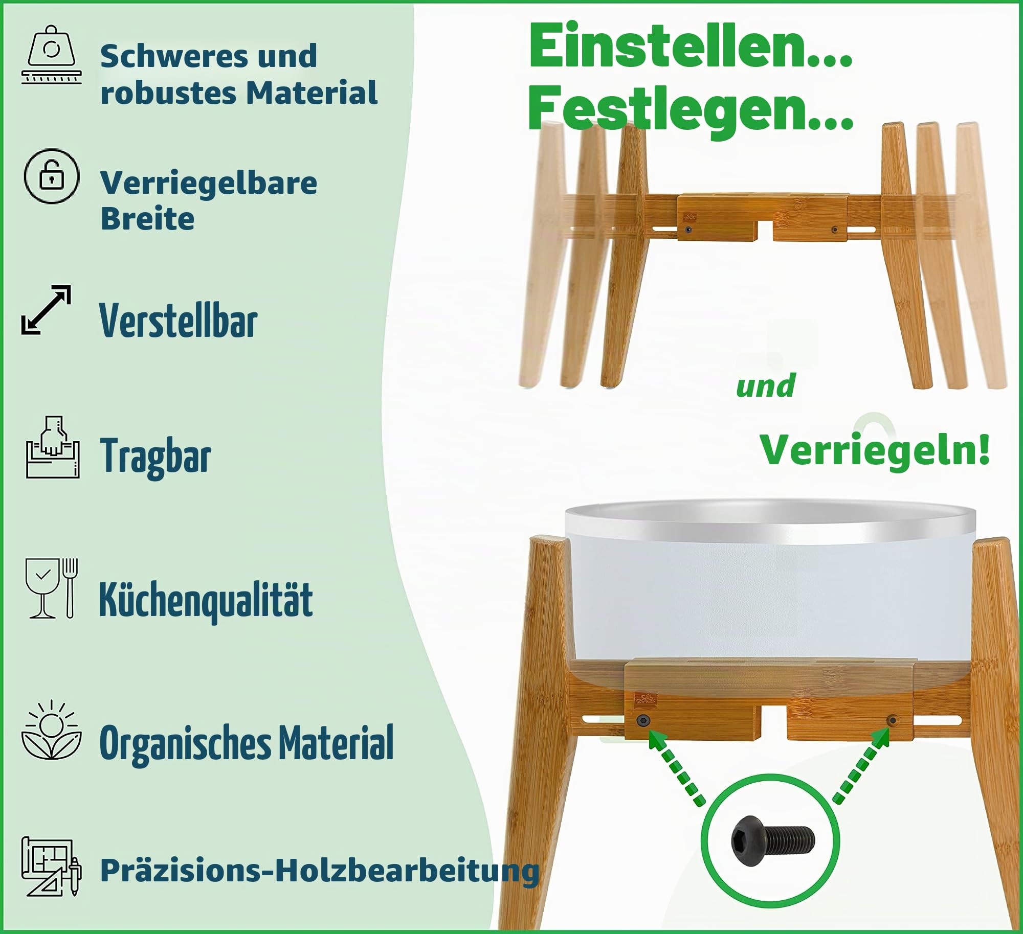 Verstellbarer Hundenapfständer – erhöhter, erhöhter Futternapfhalter – Breite (ausziehbar 17,8-25,4 cm) – natürlicher Bambus