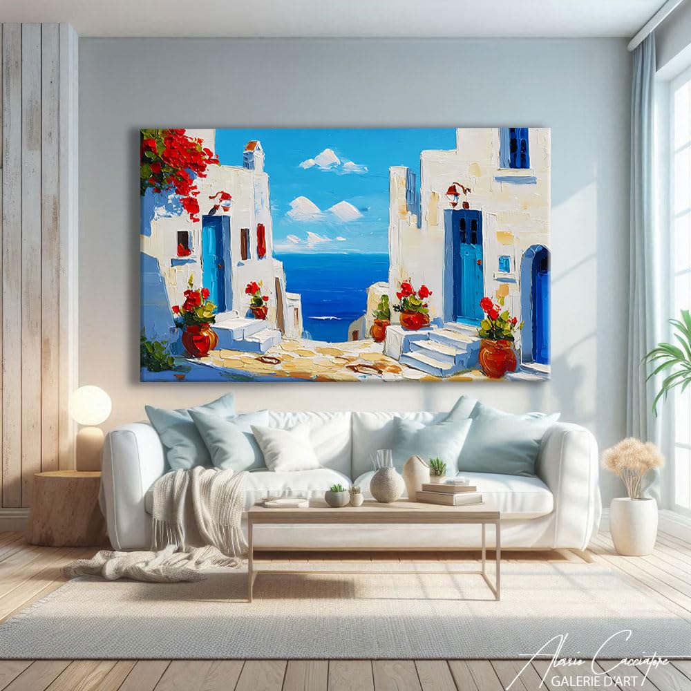 Alessio Cacciatore Quadro Grecia - Cornice decorativa da parete paesaggio mare - Stampa su tela mediterranea - Quadro nautico - Poster decorazione da parete Ocean - tela moderna design soggiorno (40 x