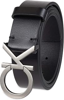 Calvin Klein Men's CK Monogram Cut-Out Buckle Belt - Genuine Leather Casual Belt for Jeans & Chinos