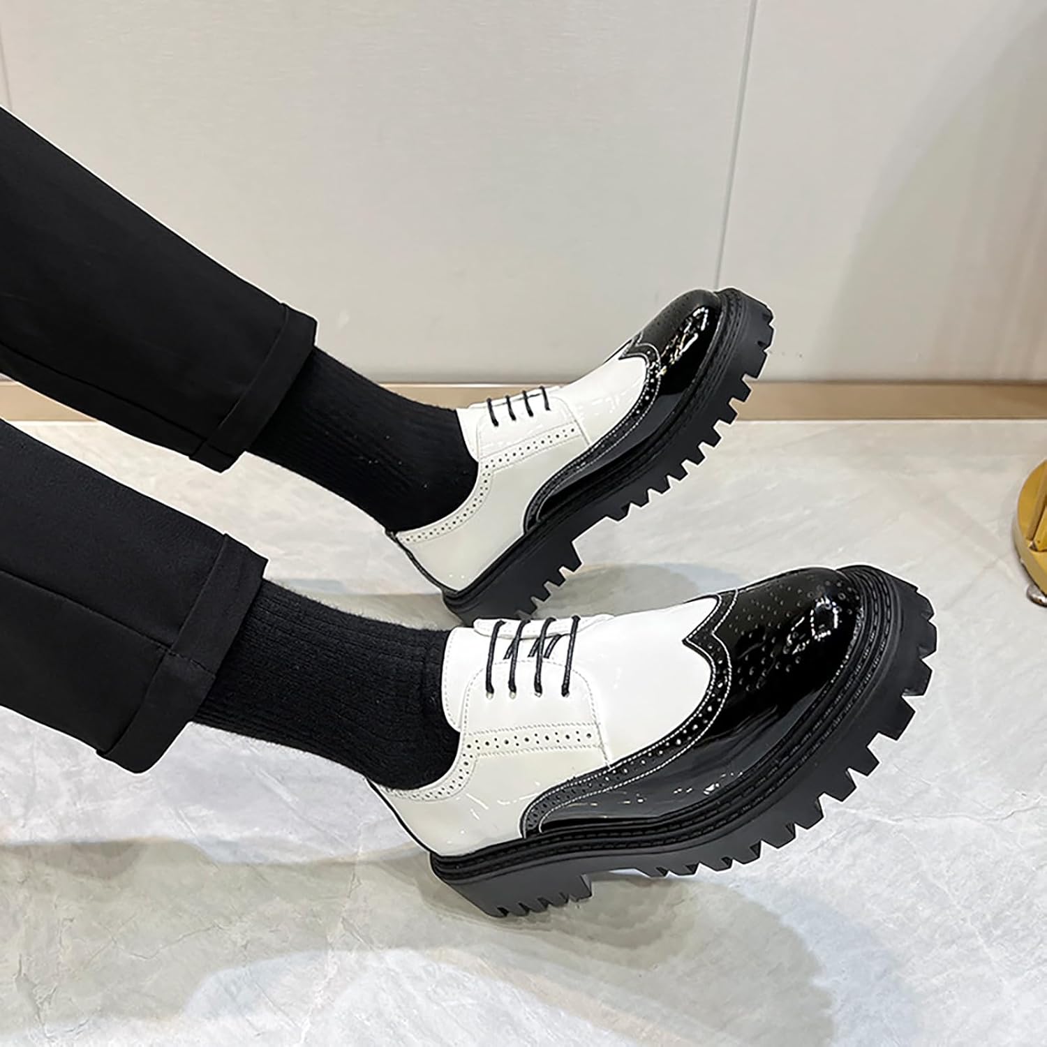 Men's Leather Lace up Platform Brogue Formal Oxford Shoes,Retro Lace up Color Matching Perforation Comfortable Round Toe Outdoor Party Wedding Night Club Height Increasing Loafers - Image 8