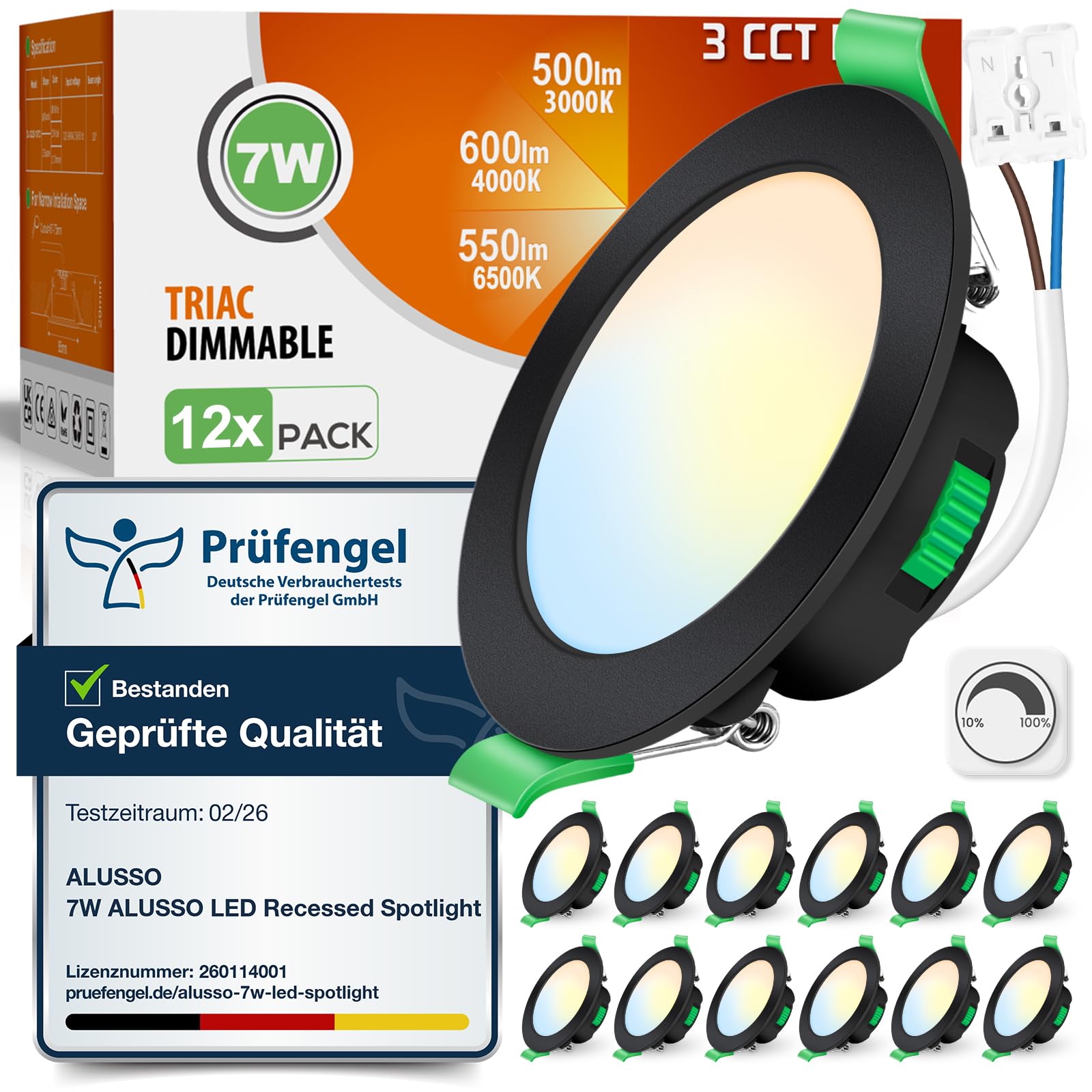 ALUSSO LED Einbaustrahler 230V Schwarz Dimmbar Flach 7W IP44 LED Spots 68mm Warmweiß Neutralweiß Kaltweiß Einbauspots für Badezimmer Küche Wohnzimmer, 12er Set